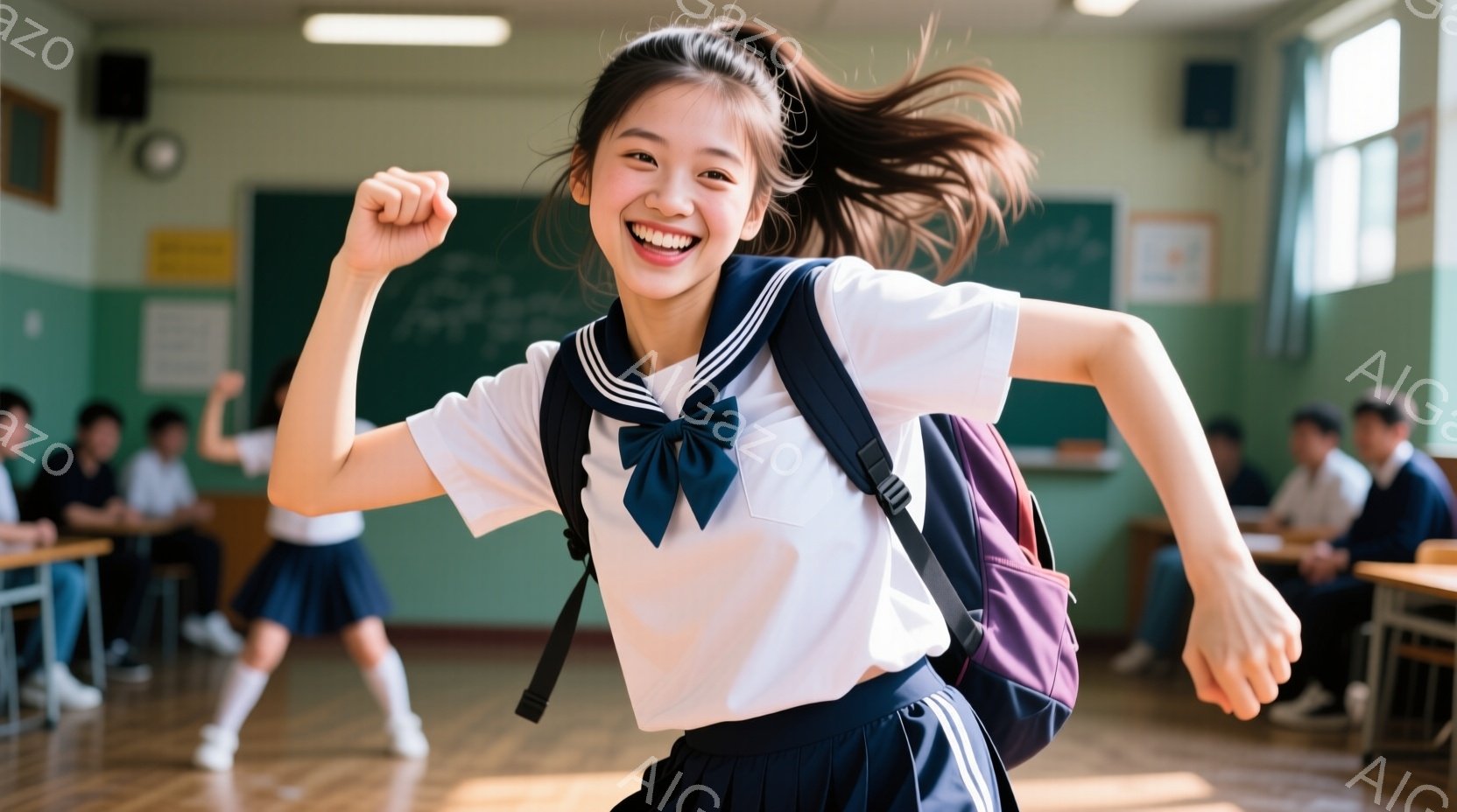 紺色のリボンとブレザー、白いシャツ、プリーツスカートを着た女子学生が写っています。彼女は両手を上げて飛び跳ね、明るい笑顔を見せており、非常に活発な様子です。背景には教室があり、他の生徒たちが座っており - AI生成フリー素材