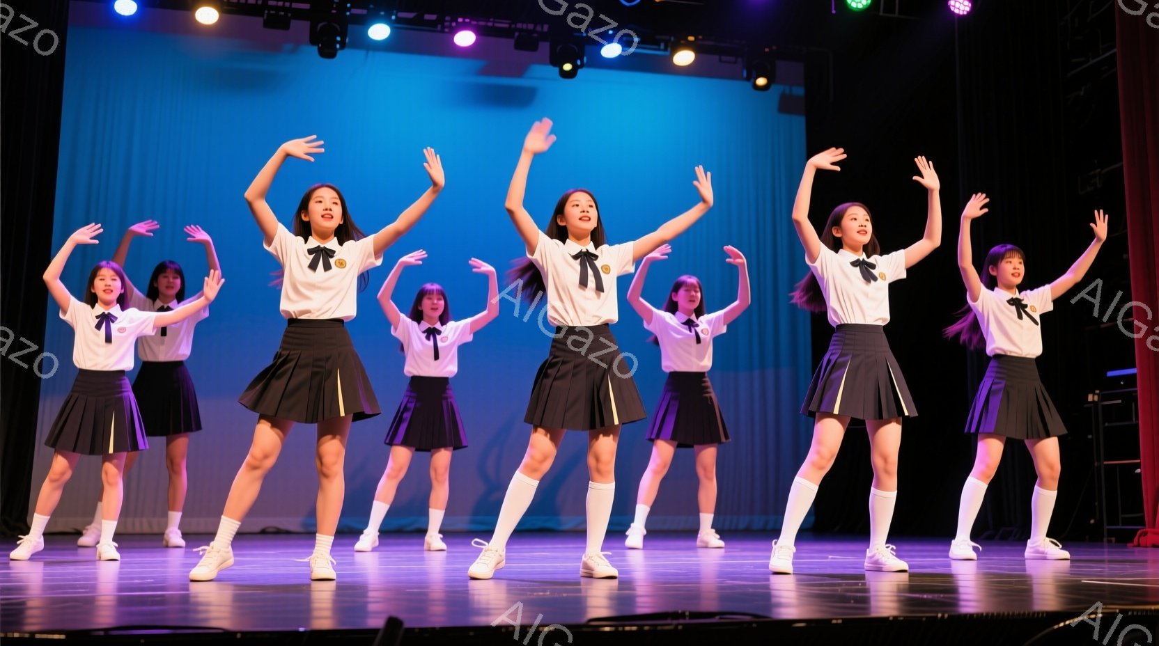 舞台上で、紺色のリボンと白のブラウス、プリーツスカート、白いソックスとスニーカーを身に着けた若い女性たちが一列に並んで踊っています。彼女たちは腕を高く上げ、笑顔でポーズをとっており、活気に満ちたパフォーマンスを行っている様子が伺えます。背景は青い照明に照らされており、ステージ上の彼女たちが際立っています。