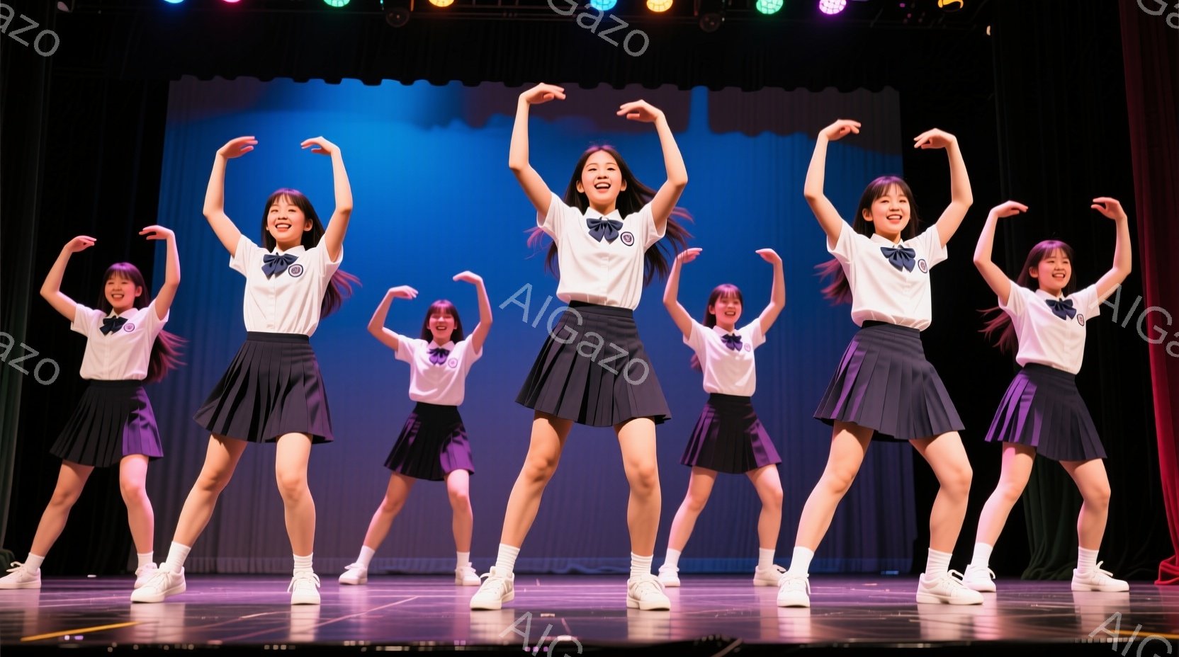6人の少女たちがステージ上で踊っています。白いブラウスと黒いプリーツスカート、白い靴下とスニーカーを着用し、全員が両手を上げて笑顔を見せています。背景は暗い青色で、ステージ上にはスポットライトが当たっ - AI生成フリー素材
