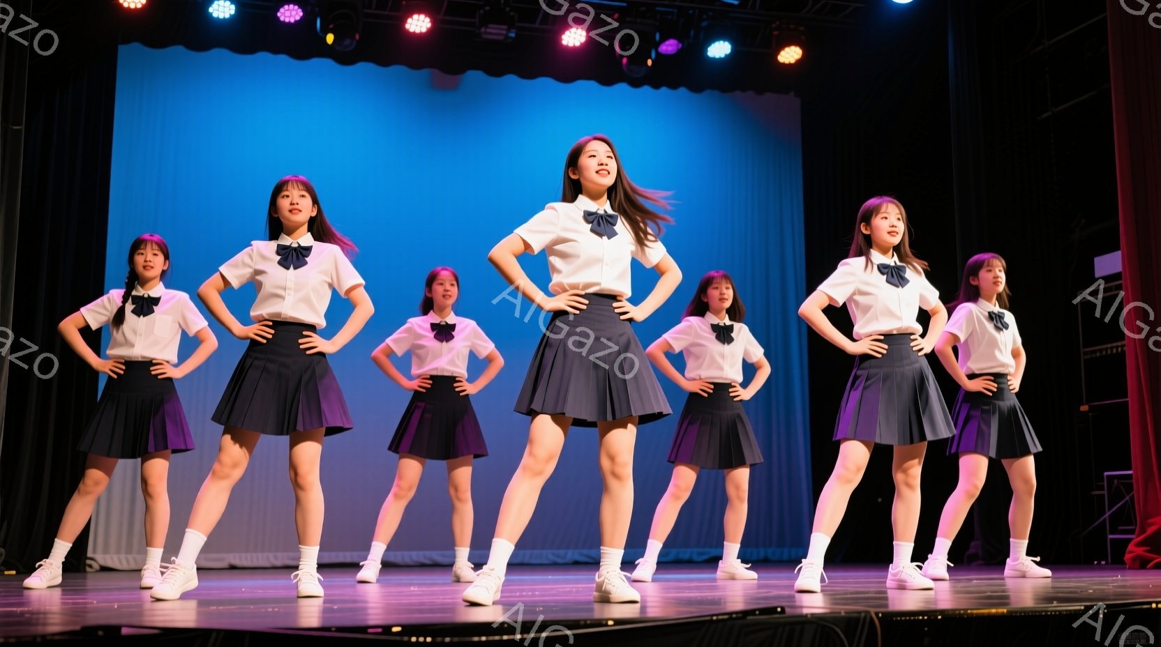 紺色のプリーツスカートと白いブラウス、そしてネクタイを着用した女性たちが、ステージ上で一列に並んで立っています。彼女たちは皆、同じような姿勢で、少し腰を落とし、手を腰に当てています。背景には、淡い水色のカーテンと、上部にカラフルな照明が設置されたステージが見えます。