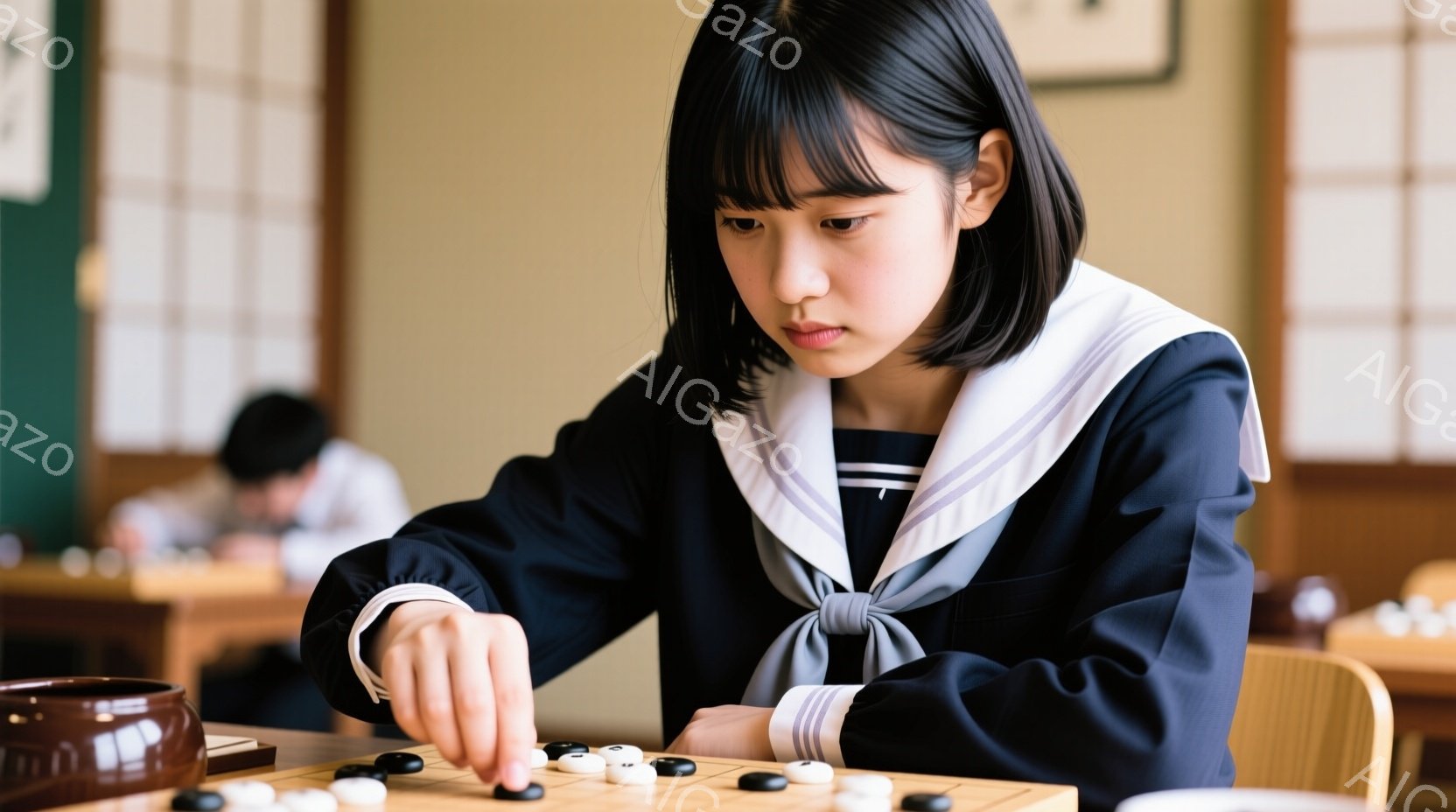 制服姿の若い女性が、碁盤に向かい、黒い碁石を指しています。彼女は黒髪のショートヘアで、少し眉間にしわを寄せ、集中した表情を浮かべています。背景には木製の机と椅子が並び、他の生徒もいるようです。