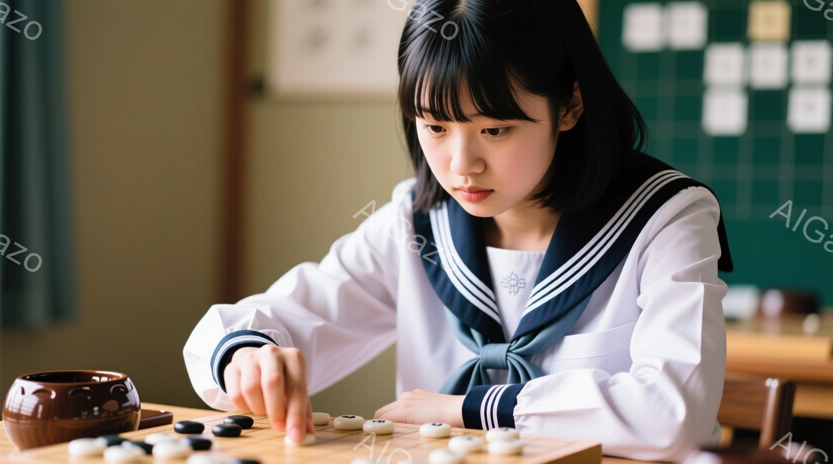 制服を着た若い女性が写っています。彼女は濃い色の髪をセンターパートにしており、集中した表情で囲碁の盤に向かっています。背景には教室らしきものがうっすらと見え、落ち着いた雰囲気が漂っています。 - AI生成フリー素材