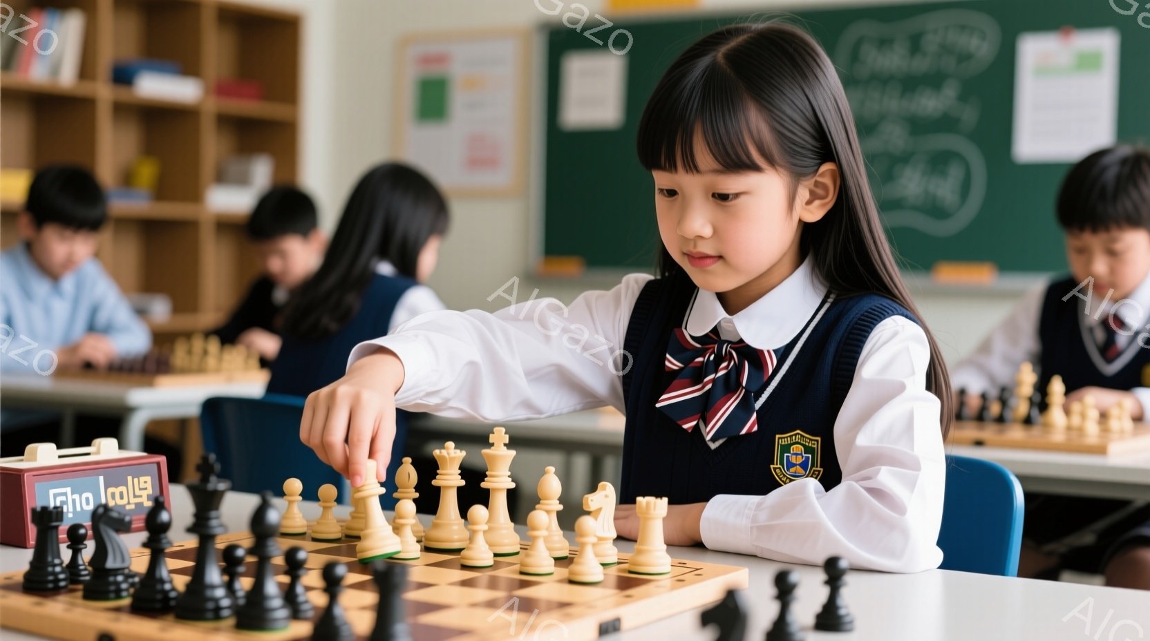 制服を着た少女がチェスの駒を動かそうとしています。彼女は濃い茶色の長い髪を後ろで一つにまとめ、集中した表情で盤面を見つめています。教室の背景には、他の生徒たちと黒板が見え、明るく学習的な雰囲気が漂って - AI生成フリー素材