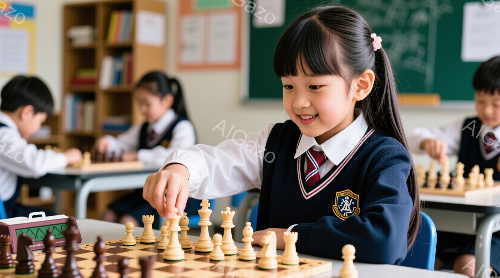 制服を着た若い女の子がチェスの駒を動かしており、集中した表情でゲームを楽しんでいる様子がうかがえます。彼女は髪をポニーテールにしており、明るい笑顔を浮かべています。背景には他の生徒たちや本棚が見え、教室の一室でチェスの授業やクラブ活動が行われている雰囲気が伝わってきます。