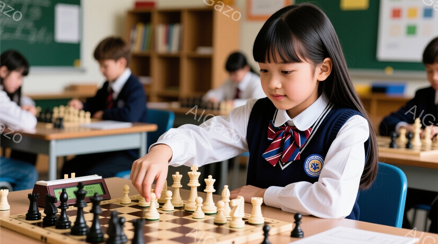 制服を着た若い女の子がチェスの駒を動かしている様子が写っています。彼女はダークブラウンのボブヘアで、真剣な表情でチェス盤を見つめています。背景には他の生徒たちがチェスを指している教室があり、壁には棚とポスターが飾られています。