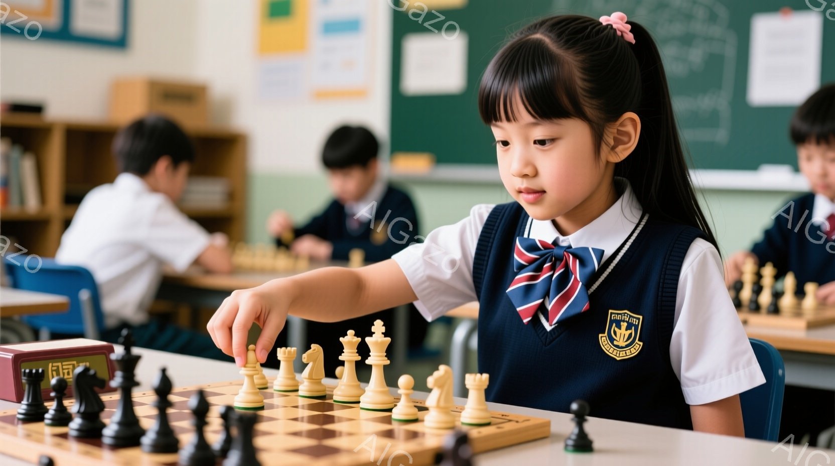 制服を着た少女がチェスの駒を動かしている様子が写っている。彼女は暗い色のベストに白いシャツ、赤いネクタイとリボンをつけており、髪は後ろで三つ編みにしている。背景には他の生徒や机、黒板が見え、教室の穏や - AI生成フリー素材