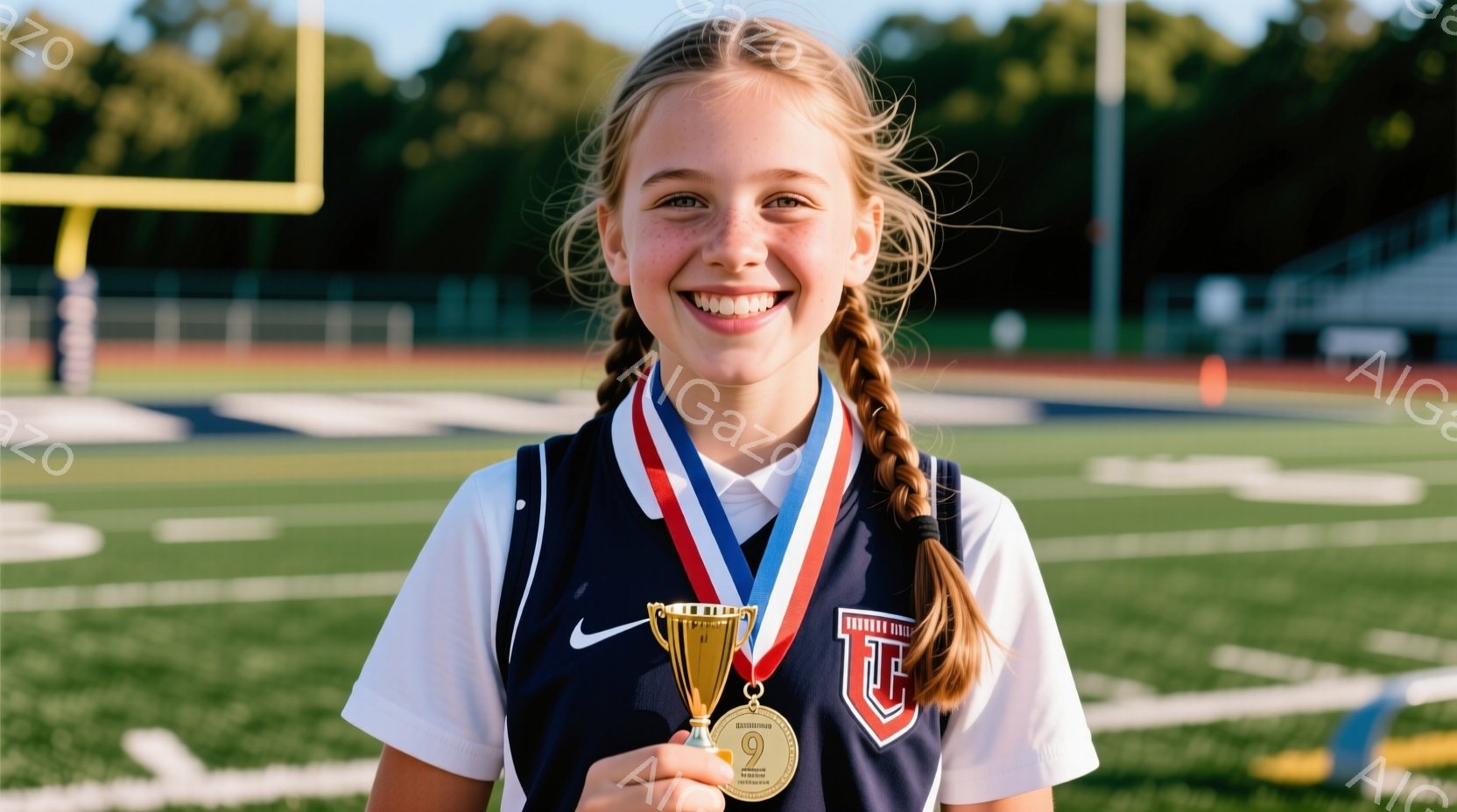 明るい笑顔の少女が、紺色の襟付きシャツと短パン姿で立っている。首には金メダルがかけられ、髪は両サイドで三つ編みにされている。背景には緑の芝生とトラック、そして遠くに見える建物があり、晴れた日のスポーツ - AI生成フリー素材
