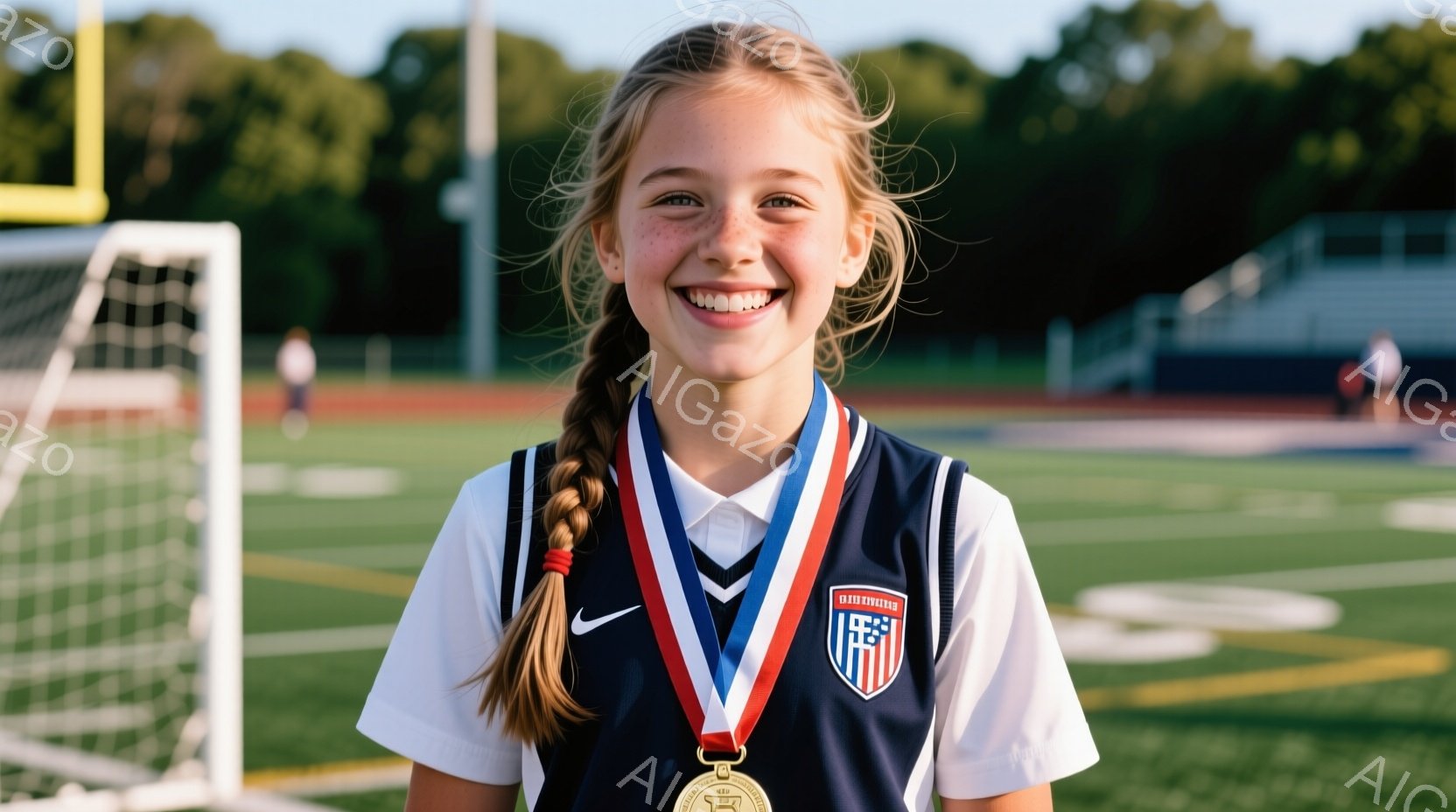 若い女の子がサッカーユニフォームを着て微笑んでいます。彼女はアメリカの旗が描かれた白いシャツに紺色のベスト、そして首からメダルをかけています。背景には緑の芝生、サッカーゴール、そしてぼやけた観客席があり、晴れた日の屋外で撮影されたようです。