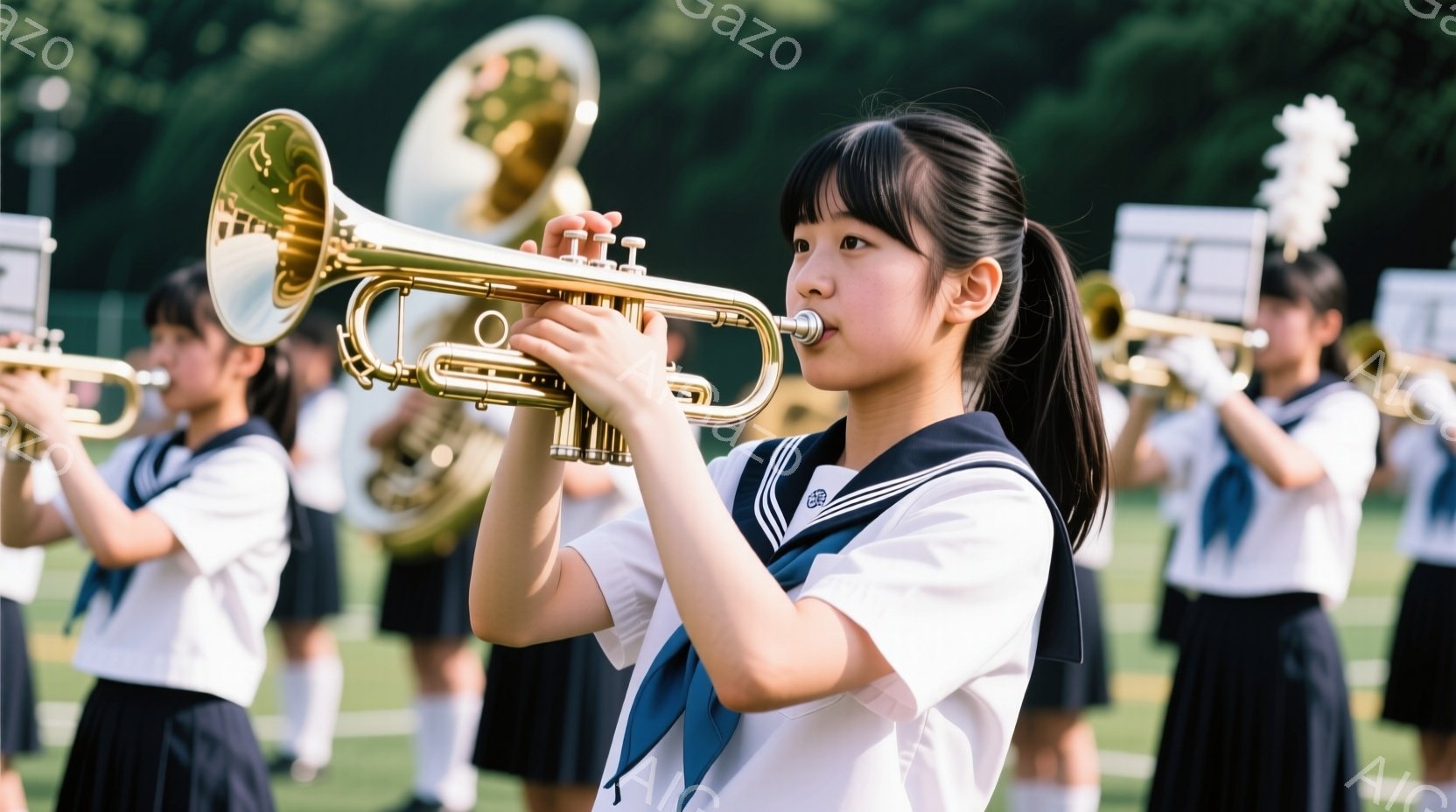 制服を着た女子高生がトランペットを吹いています。彼女は黒いロングヘアをポニーテールにし、集中した表情で楽器を構えています。背景には芝生と他の楽器を演奏する学生たちがおり、晴れた日の屋外での演奏会のよう - AI生成フリー素材