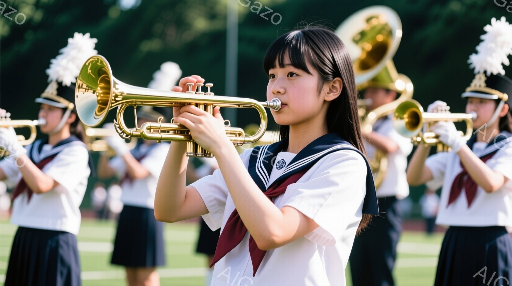 制服姿の女子高生が、真剣な表情でトランペットを吹いています。紺色のスカートと白いブラウスに赤いリボンがアクセントとなり、背景には他の吹奏楽部員たちが整然と並んでいます。青々とした芝生と木々が生い茂る屋 - AI生成フリー素材