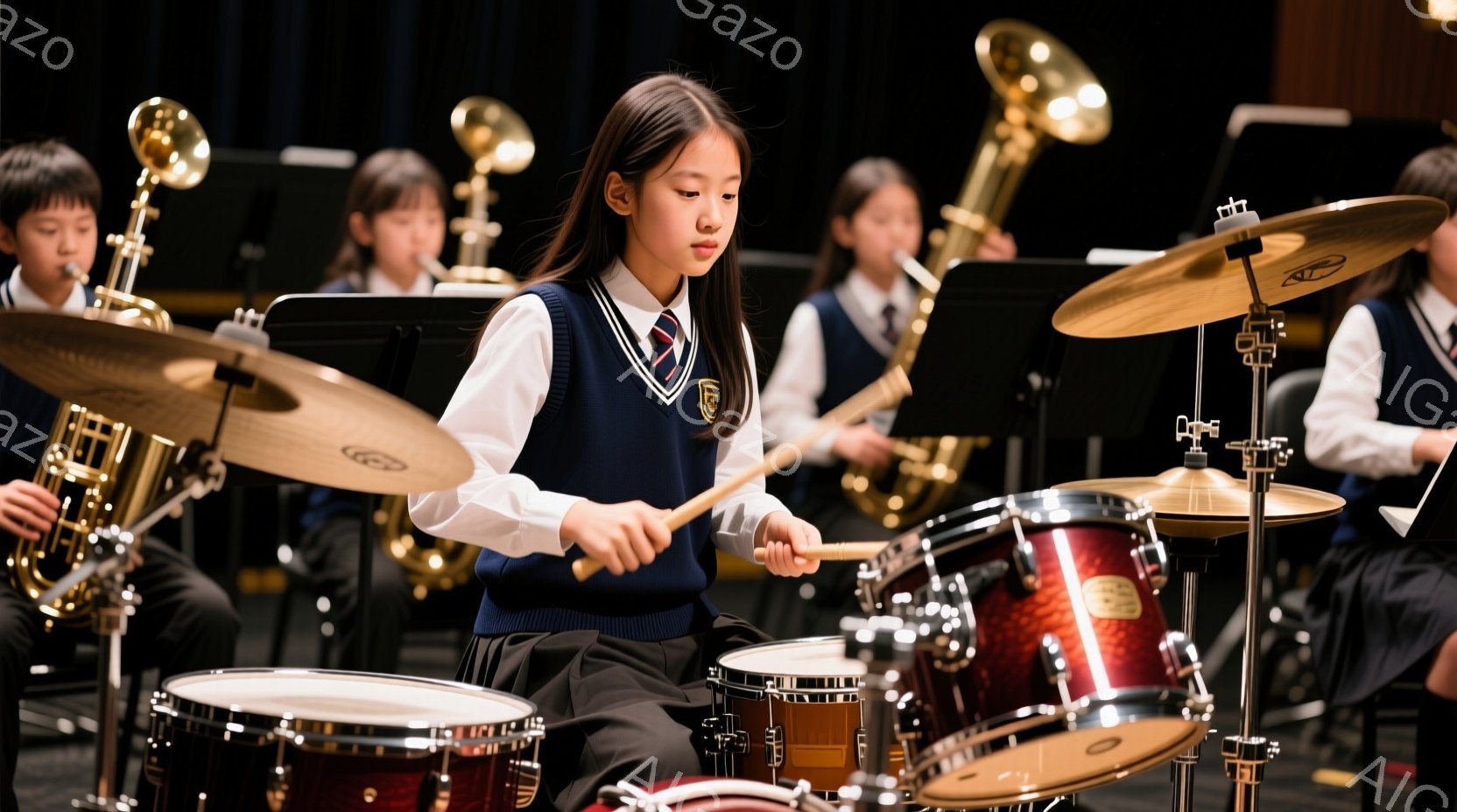 ドラムセットの前に座る若い女性の演奏者を示しています。彼女はネイビーブルーのベスト、白いシャツ、チェック柄のネクタイ、プリーツスカートを着用しており、髪は後ろでポニーテールに結ばれています。背景には他の楽器を演奏する学生たちがおり、コンサートホールの暗い舞台が広がっています。
