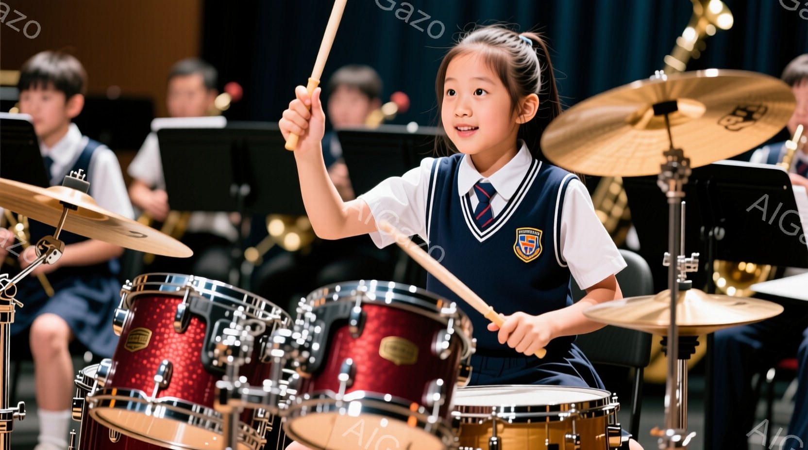 ドラムセットの前に座る若い女の子が写っています。彼女は青い制服を着ており、明るい笑顔を浮かべてドラムスティックを高く掲げています。背景には他の楽器を演奏する生徒たちがおり、コンサートホールのような雰囲気で、活気と熱意が感じられます。