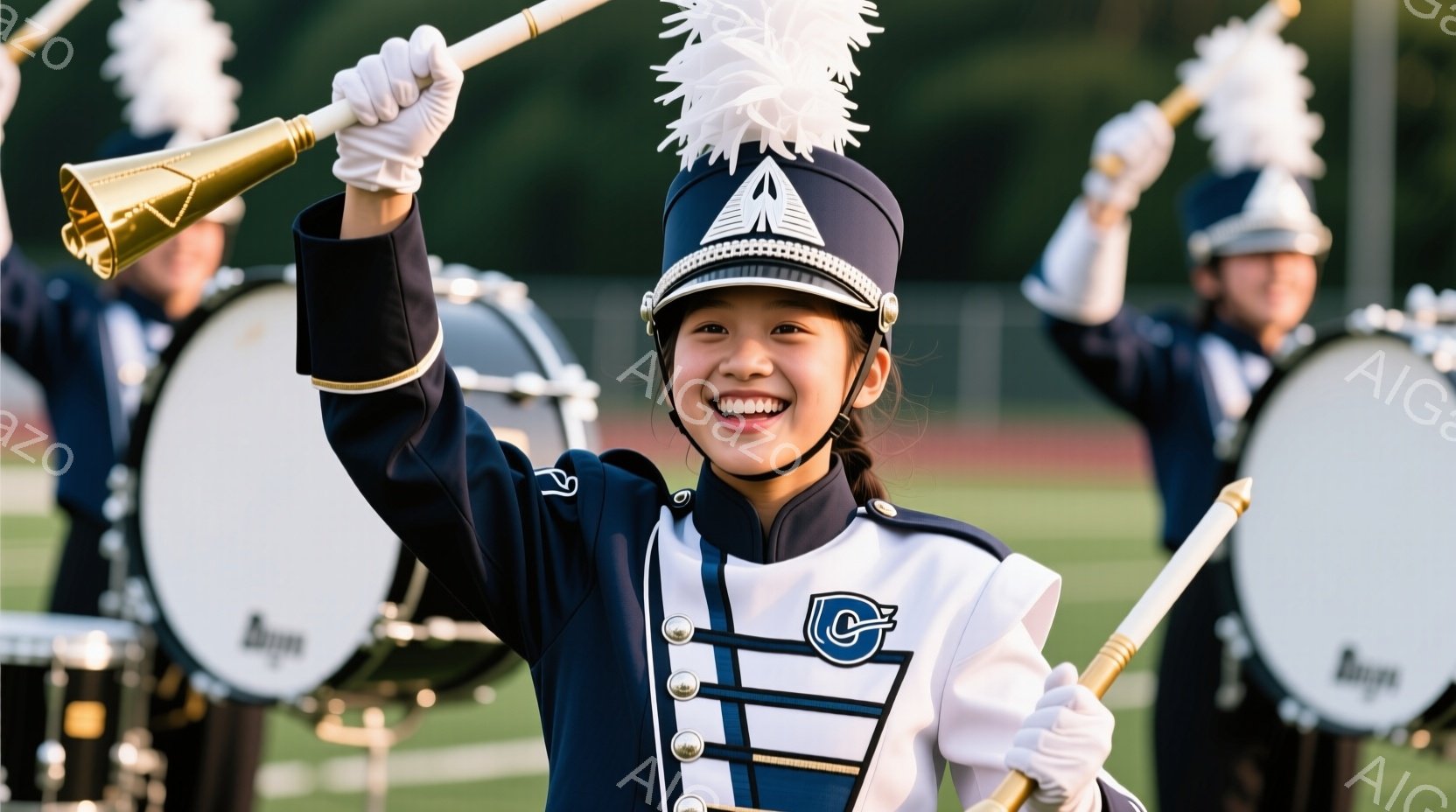 紺色の制服を着た若い女性が写っています。彼女は明るい笑顔を浮かべ、片手に金色のバトンを高く掲げています。背景には、他の制服を着たバンドメンバーやドラム、そして緑豊かな自然が見え、晴れた日の屋外パフォーマンスの活気ある雰囲気が伝わってきます。