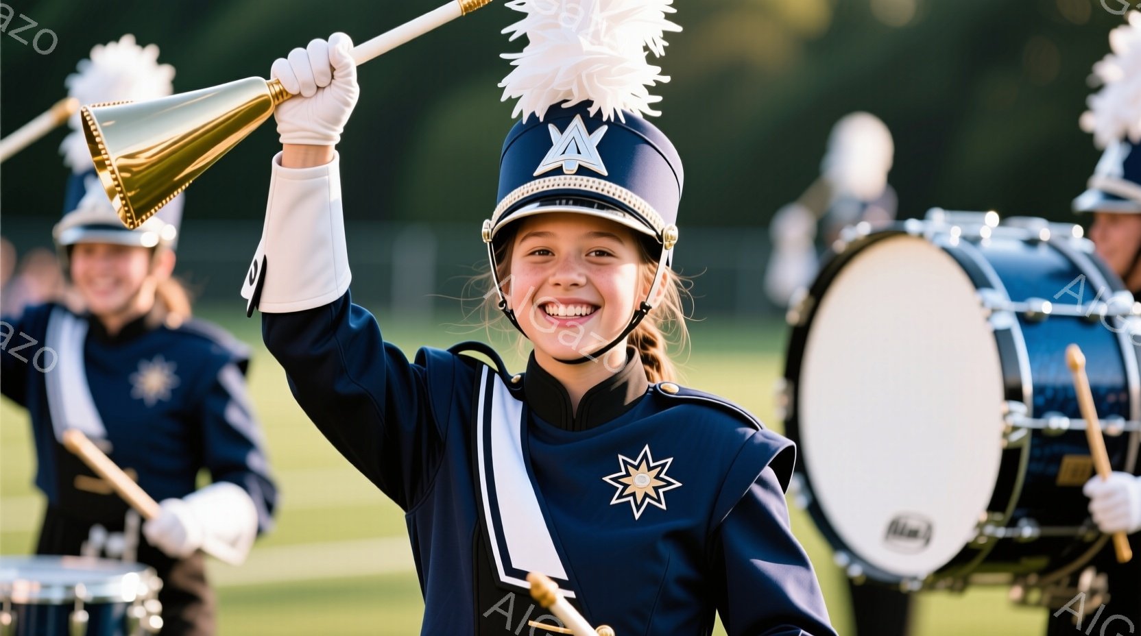 青い制服を着てトランペットを高く掲げている笑顔の少女が写っています。背景には、他の制服を着た音楽隊員とドラムが見え、緑豊かな芝生と晴れた空が広がっています。全体的に、活気に満ちた、陽気な雰囲気で、音楽 - AI生成フリー素材