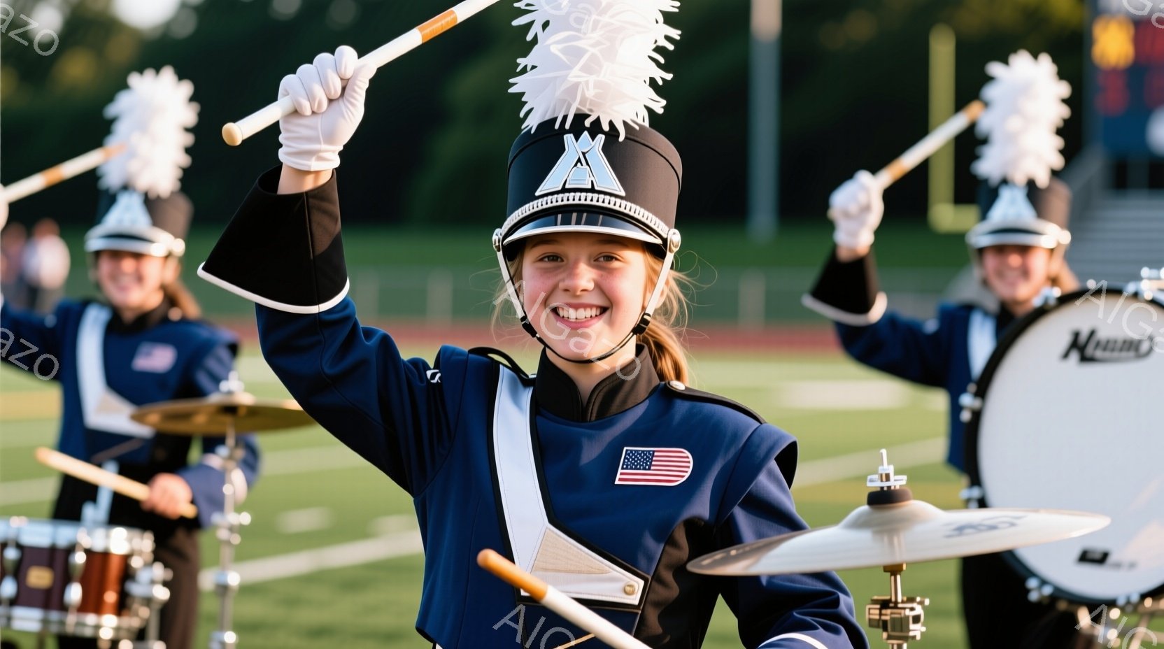高校のマーチングバンドのメンバーが写っています。一人の少女が青い制服、白い手袋、アメリカの国旗のパッチがついており、頭には青い帽子をかぶって、高々と片手を上げています。背景には、緑の芝生、他のバンドメンバー、そして遠くに見える建物があり、晴れた日の屋外での活動を連想させる、活気のある雰囲気です。