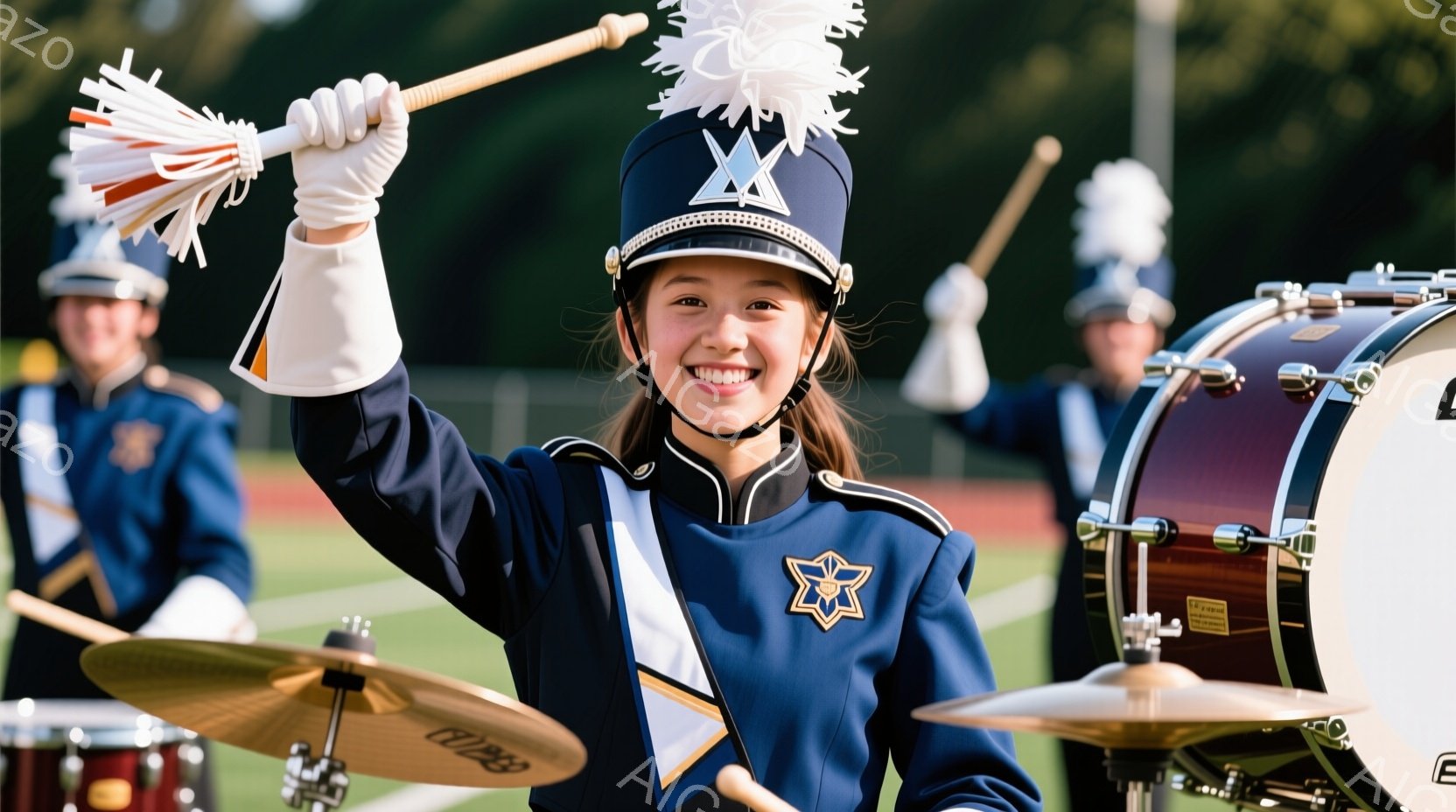 深い青色の制服を着た若い女性が写っている。彼女は笑顔で片手を高く上げ、もう片手でドラムスティックを持っている。背景には芝生のフィールドと他の制服を着たバンドメンバーがぼやけており、晴れた日の屋外でのパ - AI生成フリー素材