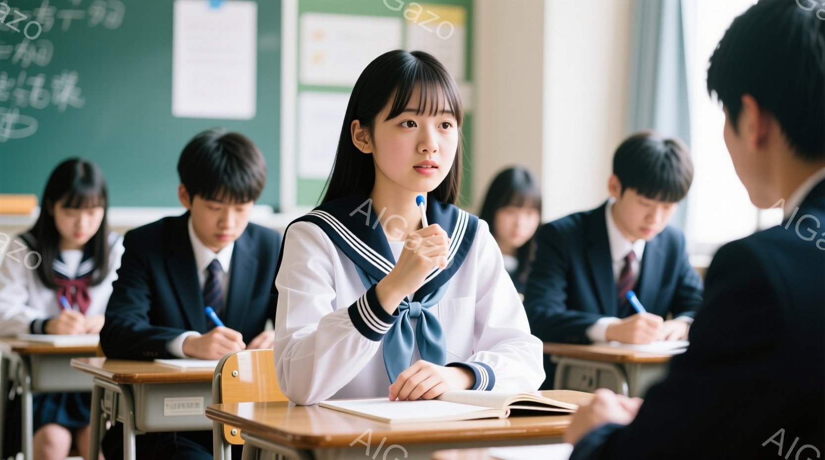 教室の様子で、女子生徒が考え込んでいる表情をしている。彼女は紺色のブレザーに白いシャツ、赤いネクタイ姿で、髪は肩にかかる長さで前髪を揃えている。他の生徒たちもブレザー姿で授業を受けており、教室の黒板には文字が書かれている。