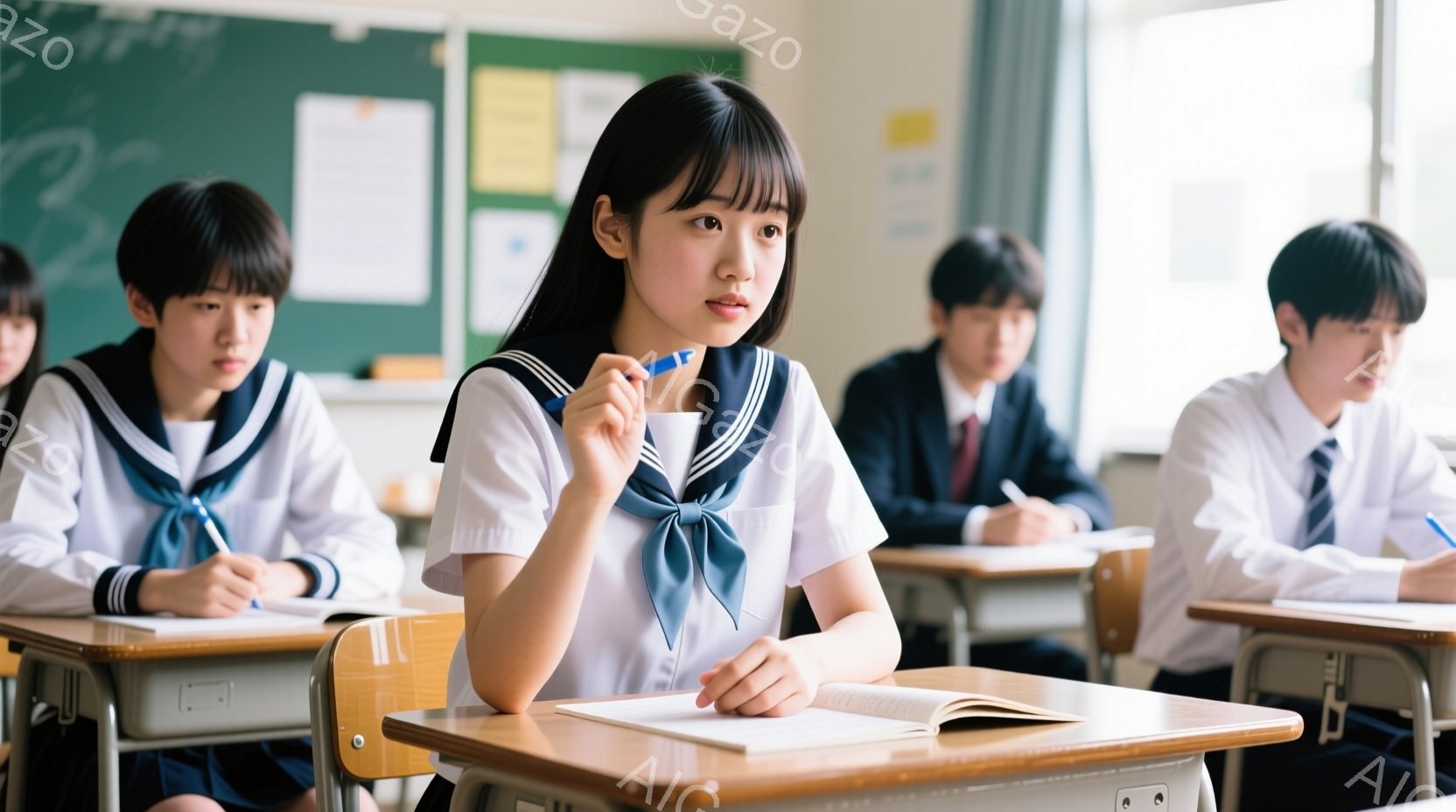 制服を着た女子高生が教室で考え事をしている様子が写っている。彼女は前髪を下ろした黒髪で、少し困ったような表情を浮かべながら、手には青いペンを持っている。背景には、同じ制服を着た男子生徒たちが机に向かって勉強しており、教室の壁には何かの掲示物が貼られている。