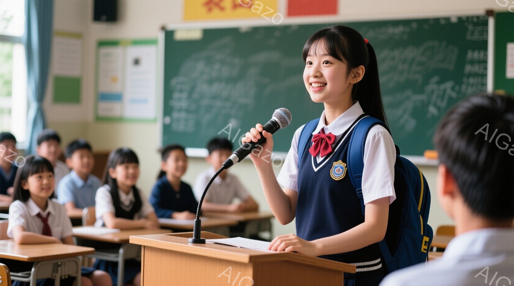 女子は紺色のブレザーに白いシャツ、赤いネクタイを着用し、黒髪をポニーテールにしています。彼女は壇上に立ち、マイクに向かって笑顔で話しており、自信に満ちた表情をしています。背景には教室が広がり、他の生徒たちが彼女に注目している様子が伺え、明るく活気のある雰囲気です。