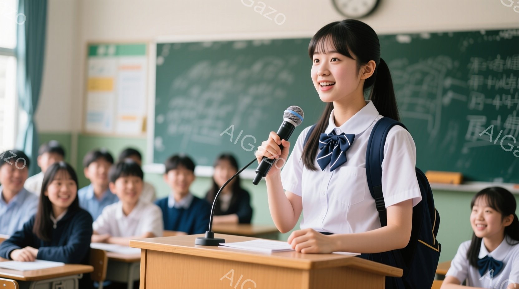 制服を着た女子生徒が壇上でマイクに向かって話しています。彼女は黒髪をポニーテールにし、笑顔で自信に満ちた表情をしています。教室には他の生徒たちが座っており、黒板には文字が書かれています。