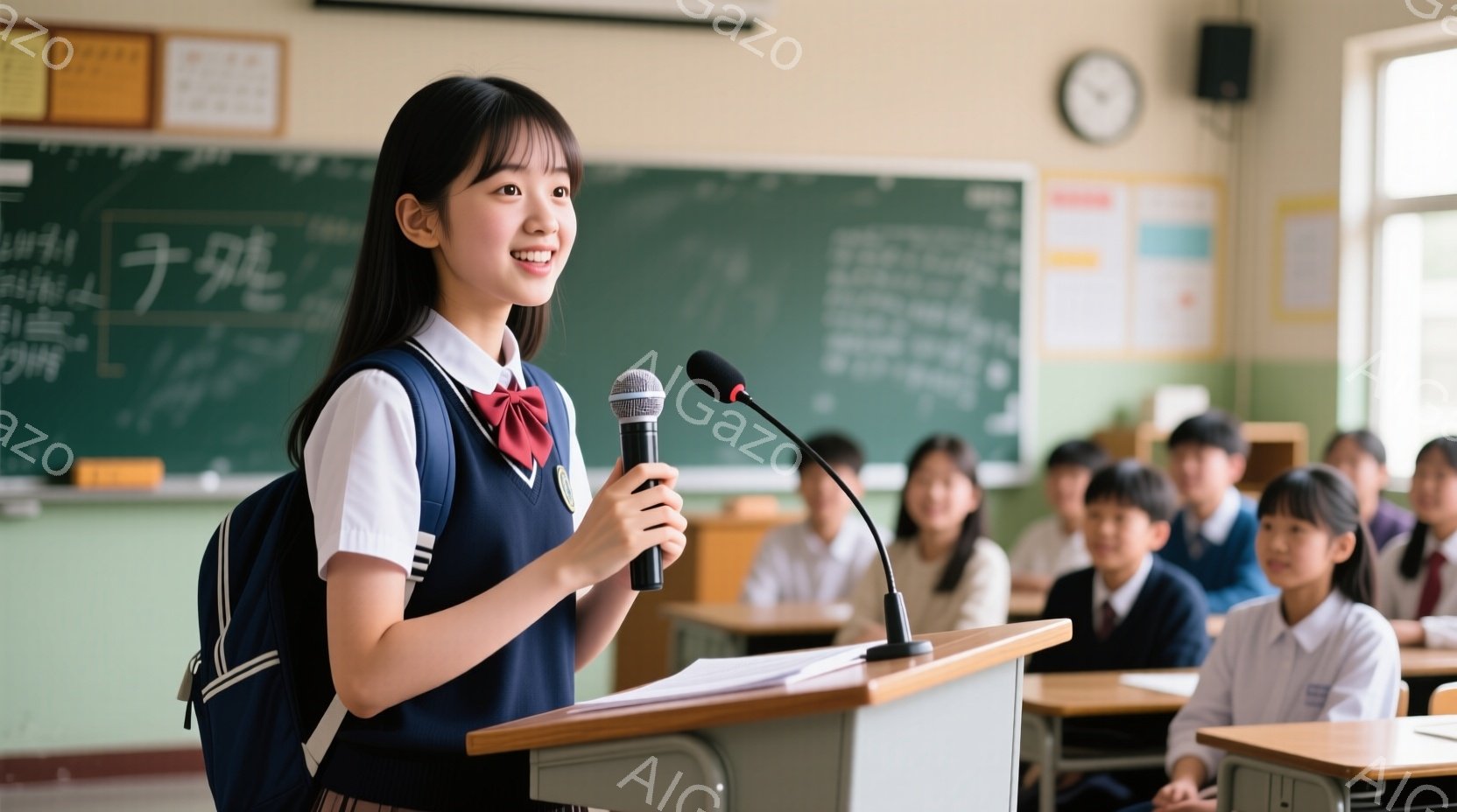 女子は制服を着て、マイクに向かって話しています。彼女は明るい笑顔で、自信に満ちた表情をしています。教室には他の生徒たちが座っており、彼女の話を聞いている様子がわかります。