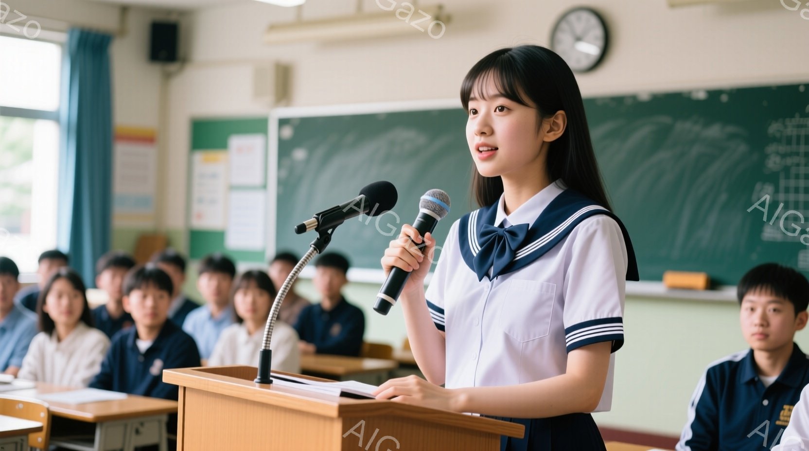 女学生が壇上に立ち、マイクに向かって話しています。彼女は白いブラウスと紺色のリボン付きのセーラー服を着ており、長くストレートな黒髪をしています。教室には多くの生徒がおり、彼女の話に耳を傾けています。 - AI生成フリー素材