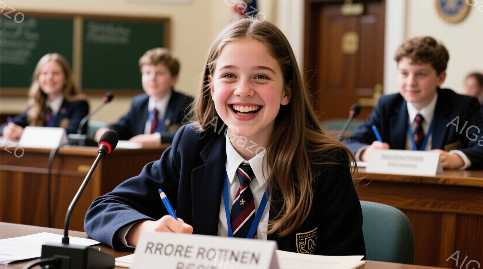 少女が机の前に座り、満面の笑みを浮かべている。彼女は紺色のブレザー、白いシャツ、赤いネクタイ、そして胸元の紋章がついたバッジを身に着けており、髪は肩まで伸びた茶色で、整然とまとめられている。背景には他の生徒がおり、会議室のような木製のパネルが施された室内で、公式な雰囲気ながらも明るく、活気のある様子が伺える。