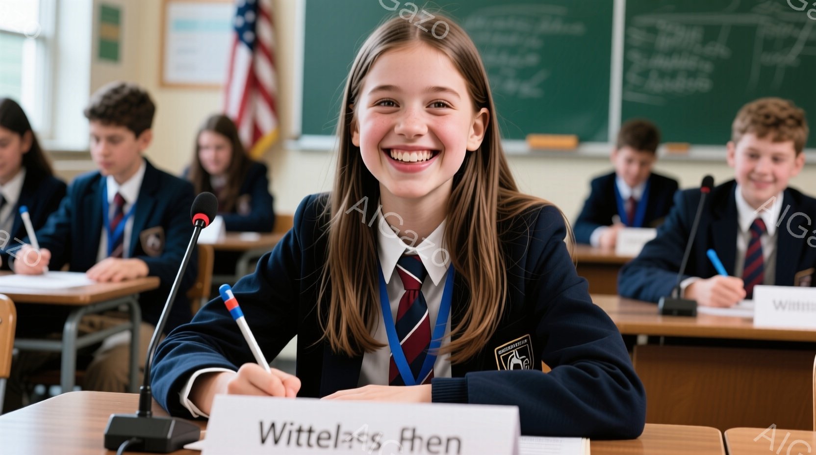 制服を着た若い女性が写っており、明るい笑顔でカメラを見つめています。彼女はネクタイとブレザーを着ており、机の前に座り、ペンを手にしているようです。背景には他の生徒が教室に座っており、公式な会議やイベン - AI生成フリー素材