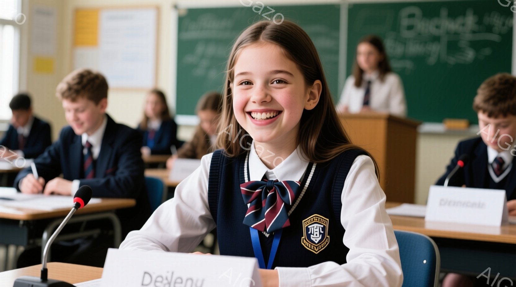 少女が講堂で微笑んでおり、制服を着て、ネクタイとブレザーには学校の紋章がついています。彼女はマイクに向かって座り、テーブルには「Deileny」と書かれた名札があります。背景には他の生徒たちが座っており、黒板には白字で何か書かれています。