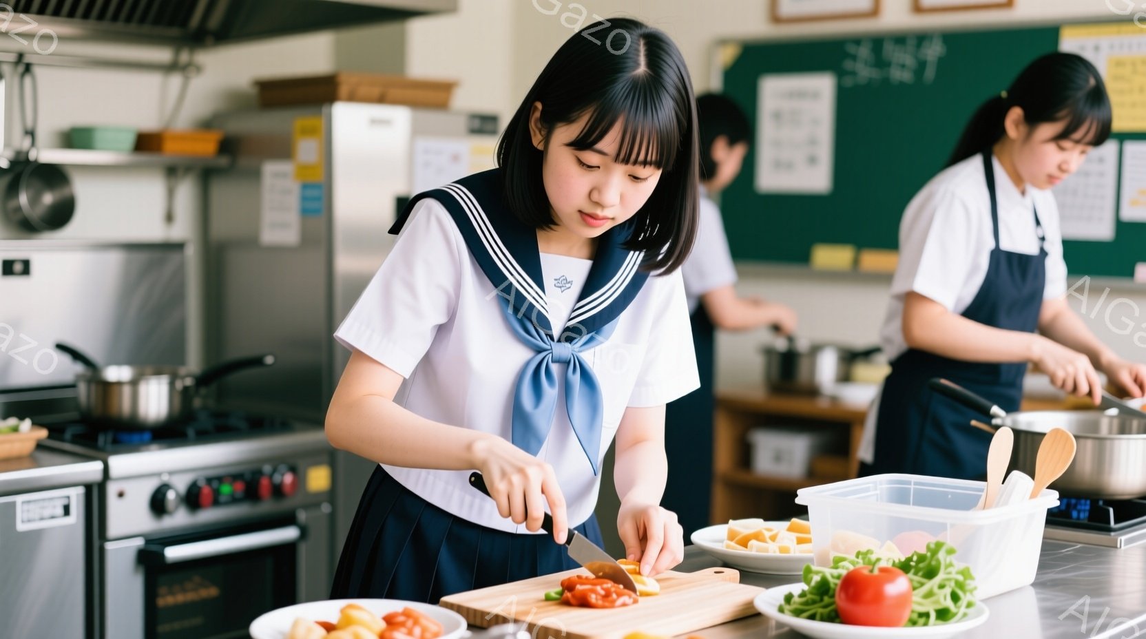 制服を着た女子生徒が調理実習中である。彼女は前かがみになり、まな板の上でトマトをナイフで細かく刻んでいる。背景には調理器具や他の生徒がぼやけており、明るく清潔な調理室の様子が伺える。 - AI生成フリー素材
