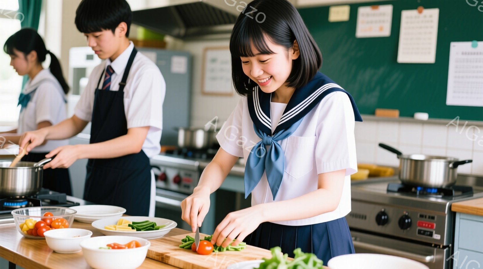 学生服を着た女子高生が、キッチンで野菜を切っています。彼女は明るい笑顔で、真剣な表情で作業に取り組んでいます。背景には、同じ制服を着た男子生徒が調理している様子と、調理器具や食器が並んだキッチンが見えます。