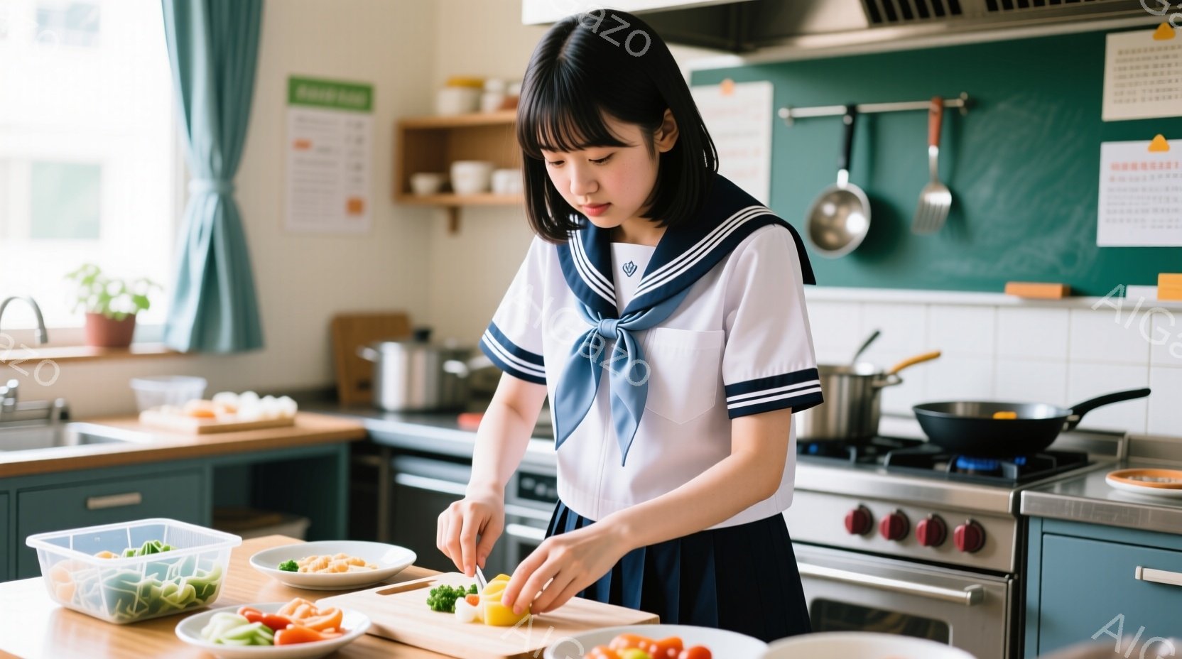 茶髪の女子高生がキッチンで料理をしている。紺色のセーラー服を着ており、前髪を少し横に流したハーフアップヘアスタイルだ。真剣な表情でまな板の上で野菜を切っており、キッチンには様々な調理器具や食材が並んでいる。