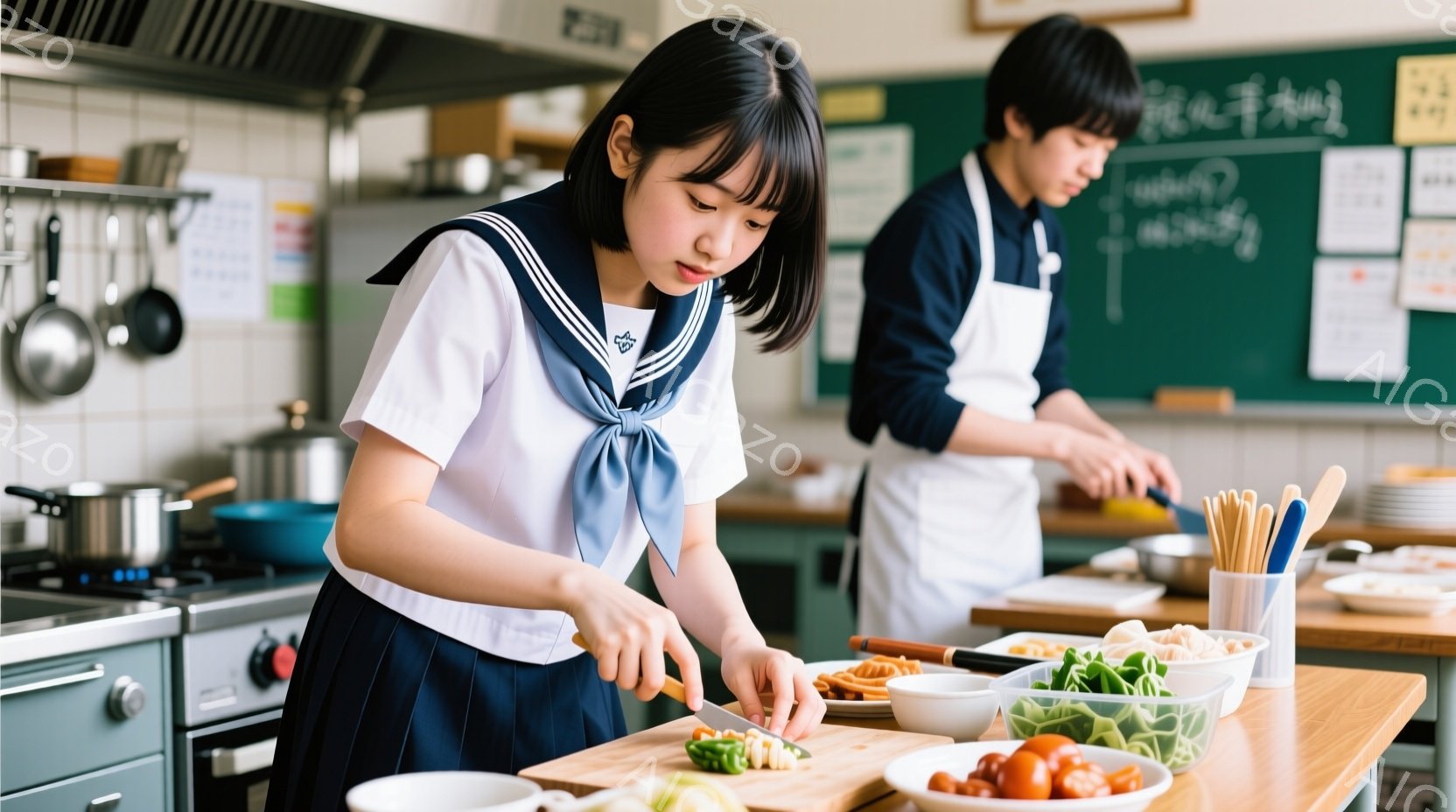 制服を着た女子生徒が、まな板の上で野菜を切っています。彼女は濃い茶色の髪を肩まで伸ばし、前髪を少しだけ流しています。背景には、同じように制服を着た男子生徒が別の調理作業をしており、壁には調理器具が飾られています。