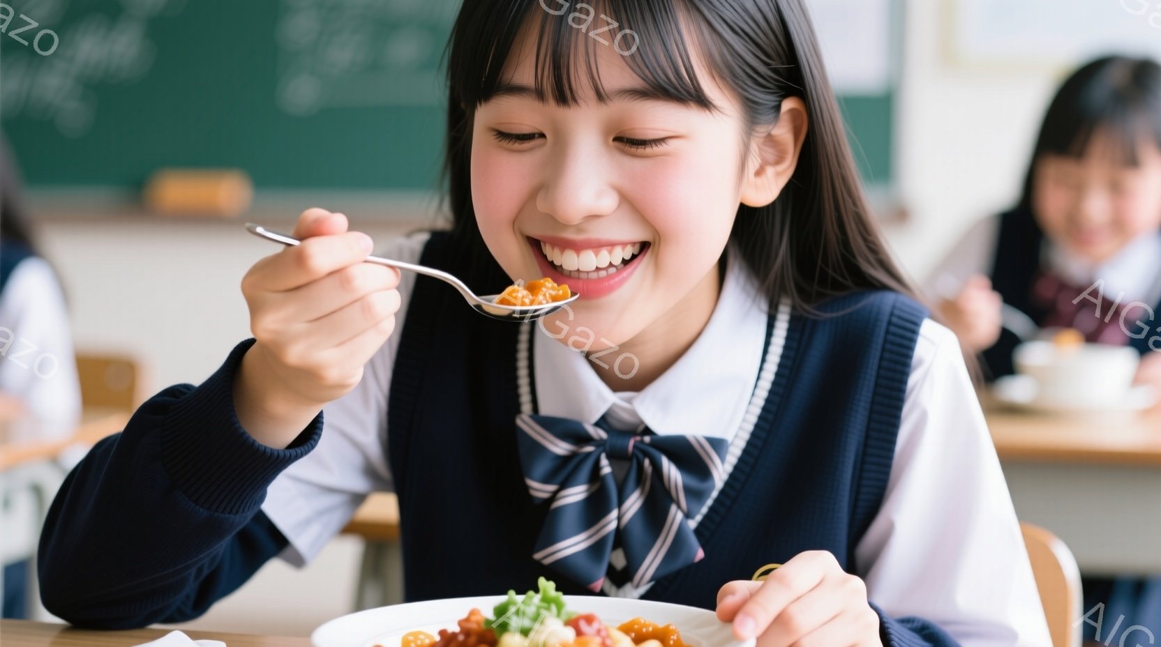 制服を着た少女が給食を食べている様子が写っている。彼女は笑顔で、つややかな黒髪を肩まで伸ばし、おでこにはうなじが見える。教室の背景には他の生徒たちがおり、明るく活気のある給食の時間が表現されている。