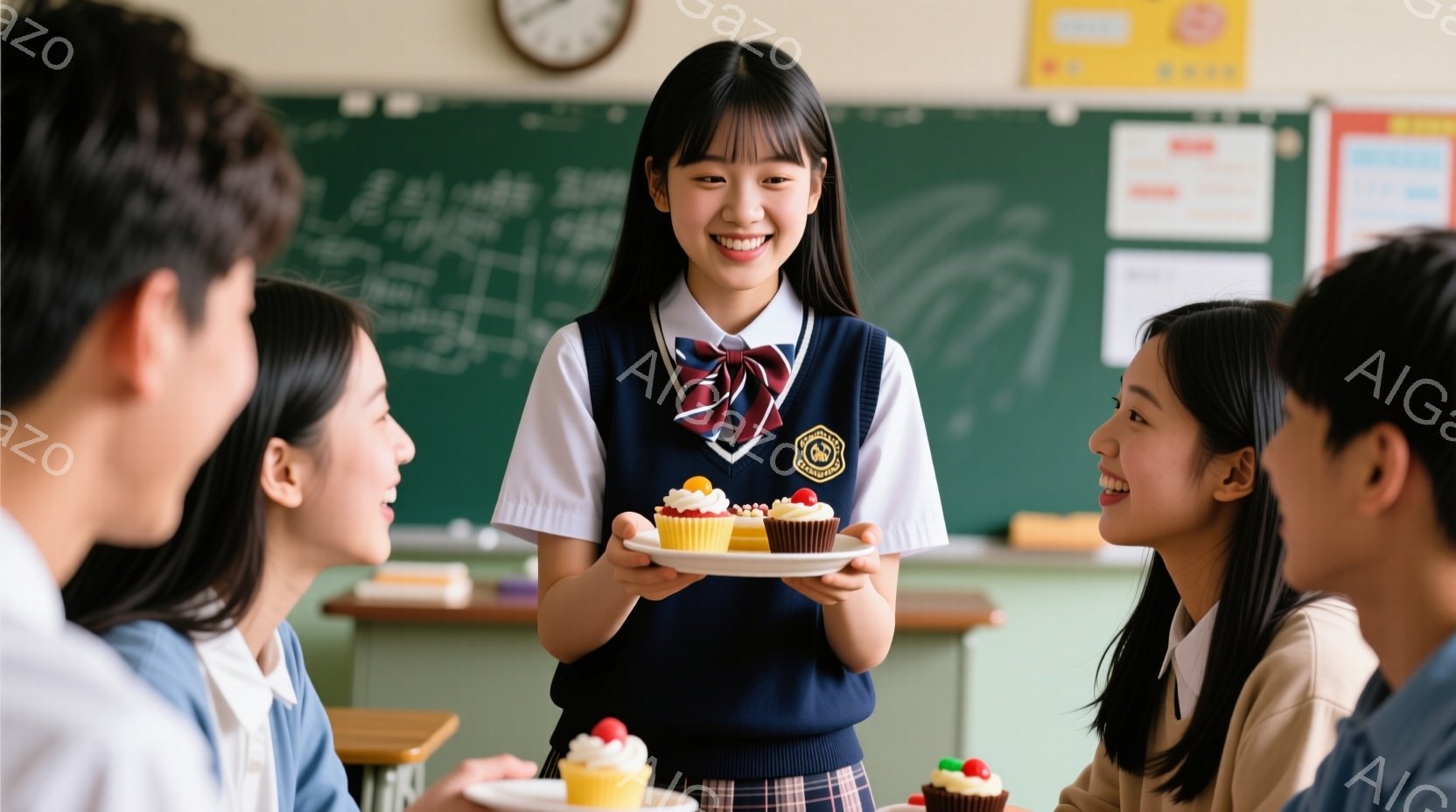 制服を着た女子学生が、クッキーを載せた皿を正面に向けて高く掲げています。彼女は微笑んでおり、他の女子学生たちがテーブルを囲んで彼女を見上げています。教室の黒板には文字が書かれ、明るく温かい雰囲気が漂っ - AI生成フリー素材