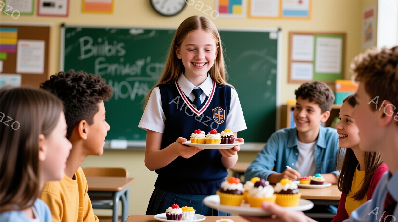 少女がカップケーキの皿を持って教室で立っており、周囲には他の生徒たちが座って彼女を見ている。彼女は制服を着ており、明るい笑顔で、髪は後ろでまとめられている。教室の壁には掲示物があり、活気に満ちた学習環 - AI生成フリー素材