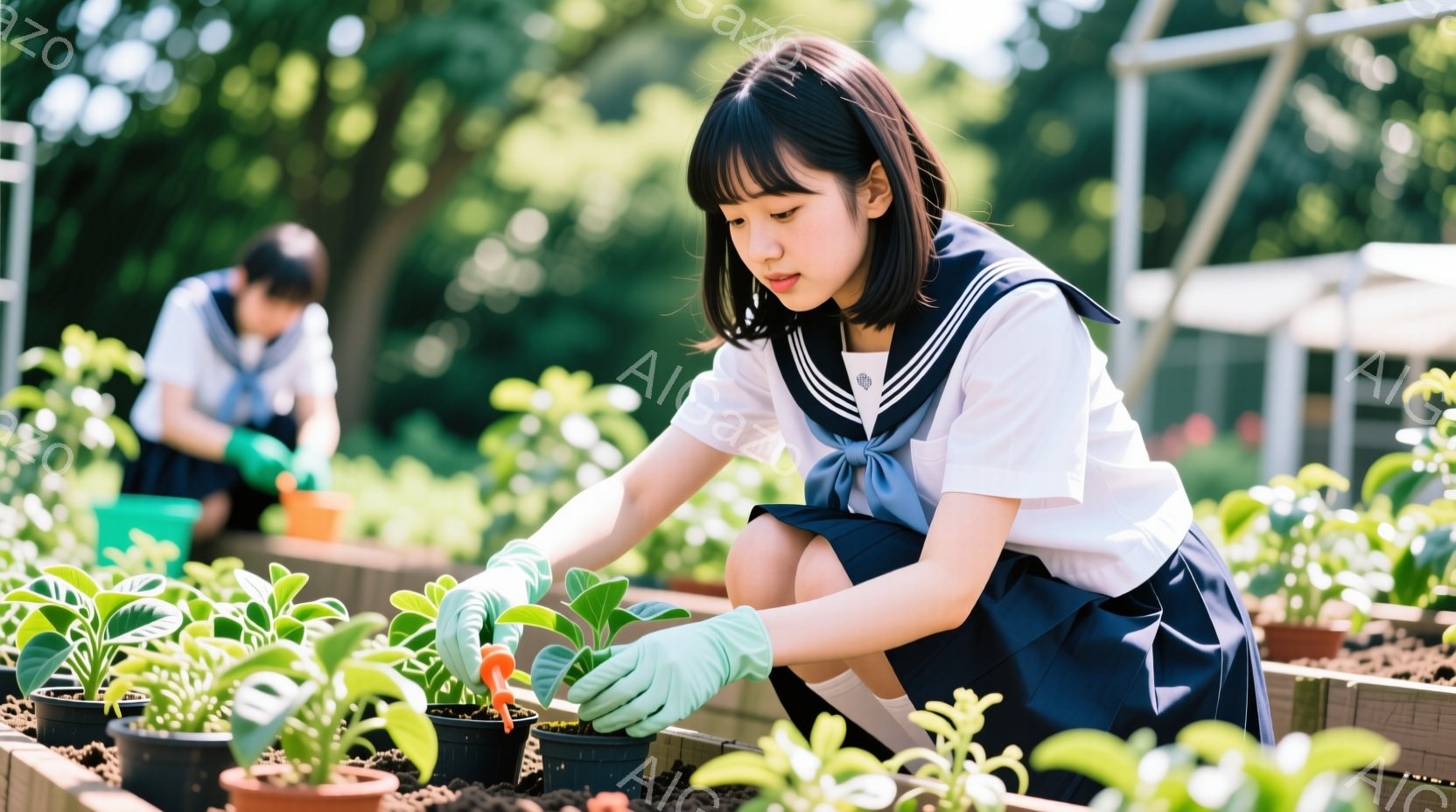 制服を着た若い女性が写っており、菜園で植物の手入れをしています。彼女は緑色の手袋を着用し、しゃがんで小さな苗を植える作業に集中しており、表情は真剣です。背景には他の生徒や植物が茂る菜園、そして晴れた空が見え、穏やかで明るい雰囲気が漂っています。