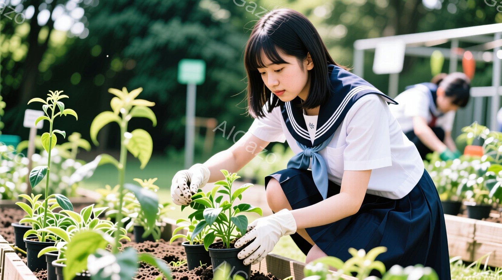 女学生は紺色のリボンとブレザーの制服を着て、膝をつき、畑で植え付け作業をしています。彼女は白い手袋を着用し、集中した表情で小さな植物を丁寧に土に植えています。背景には、畑、他の作業をしている生徒、そして晴れた空が見え、穏やかで活気のある雰囲気が漂っています。
