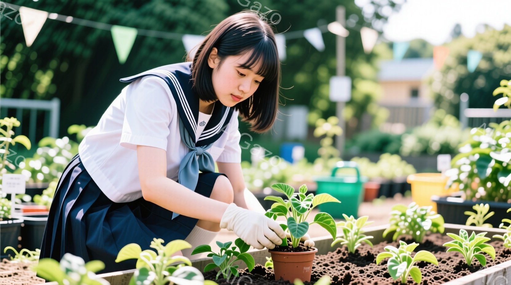 制服を着た若い女性が、膝をついて花壇で苗を植えています。彼女は白いブラウスに紺色のスカート、そして白い手袋を着用しており、集中した表情で小さな苗を丁寧に土に植え込んでいます。背景には緑豊かな植物が広がり、晴れた日のガーデニングを楽しんでいる様子が伝わってきます。
