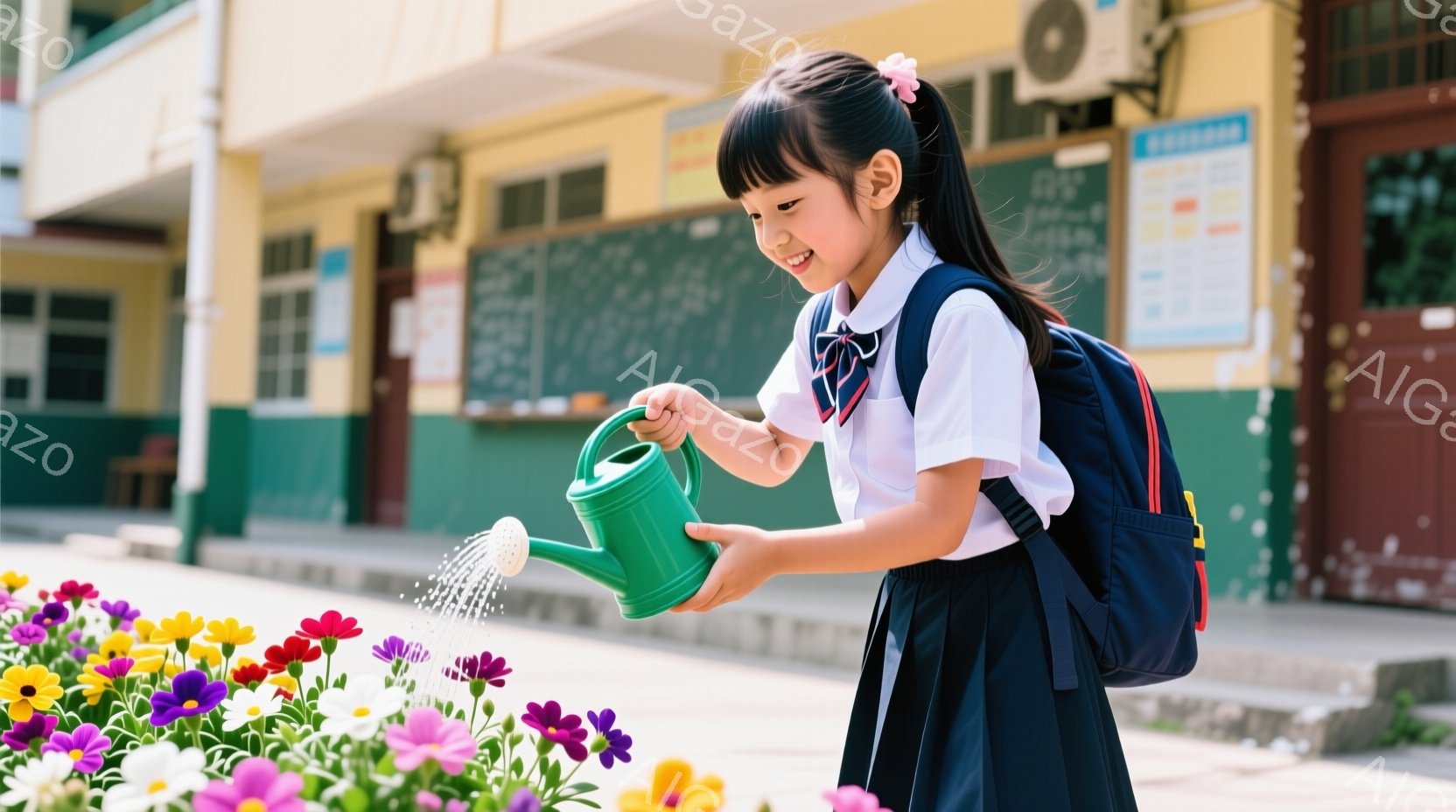 小さな女の子が花壇に水をやっています。紺色のスカートと白いブラウス、そして赤いリボンをつけたブレザーを着ており、黒髪をポニーテールにしています。背景には学校の建物が見え、晴れた日の穏やかな雰囲気です。 - AI生成フリー素材