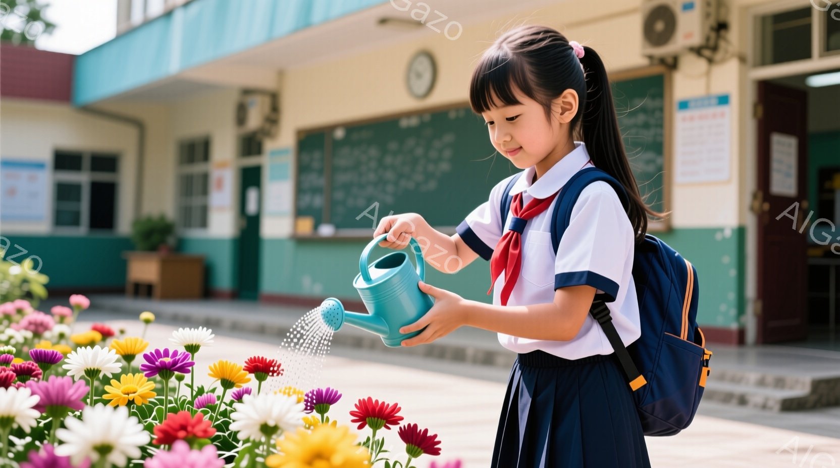 小さな女の子が、青いじょうろを使って色とりどりの花に水をやっています。彼女は紺色のスカートと白いブラウス、赤いネクタイと黒いリュックサックを着ており、髪は後ろで一つに結ばれています。背景には学校の建物が見え、晴れた日の穏やかな雰囲気です。