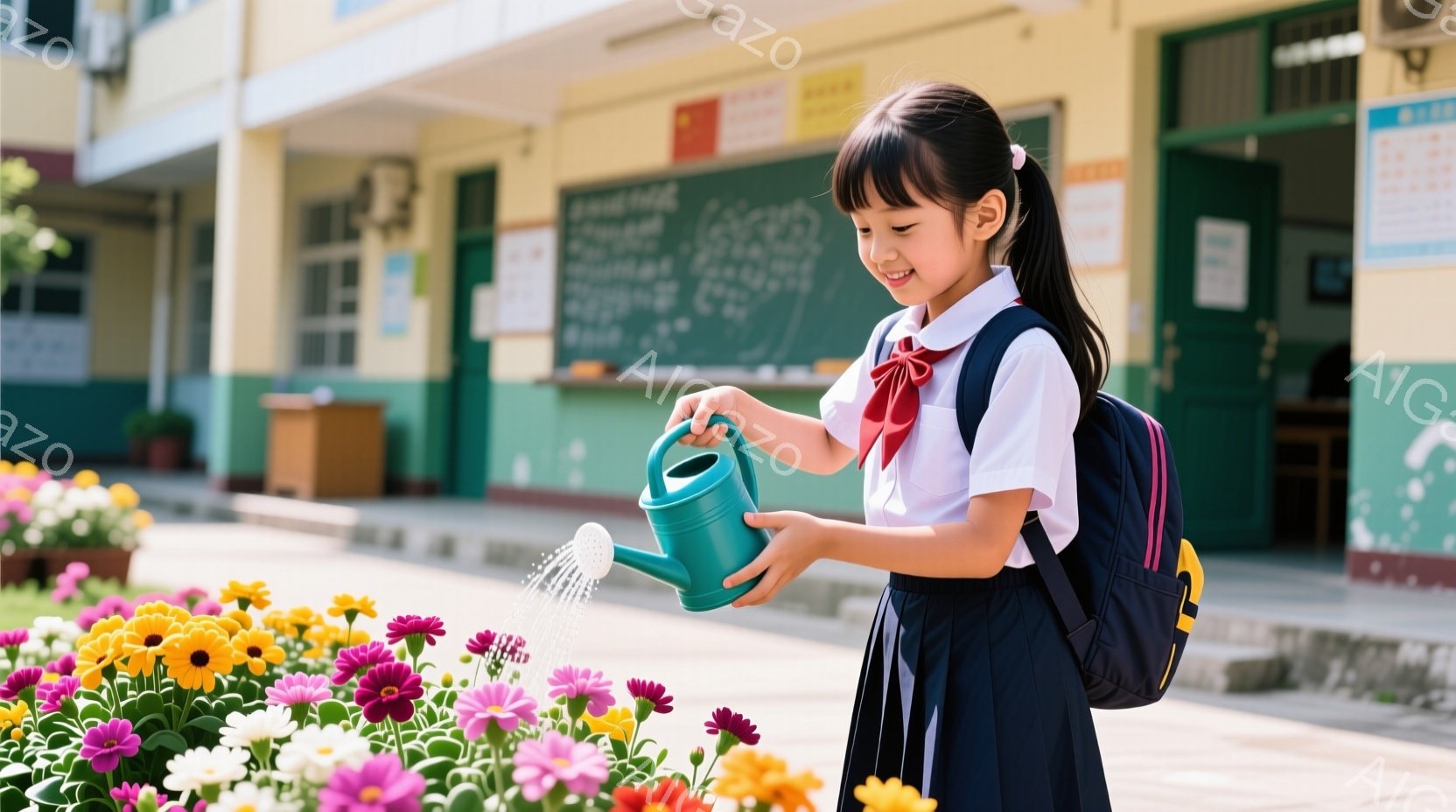 小さな女の子が青いじょうろで花壇に水をあげています。彼女は白いブラウス、赤いネクタイ、濃い青色のスカートを着ており、黒髪を後ろで一つに結んでいます。背景には学校の建物があり、カラフルな花が咲き乱れており、晴れた日の穏やかな雰囲気が伝わってきます。