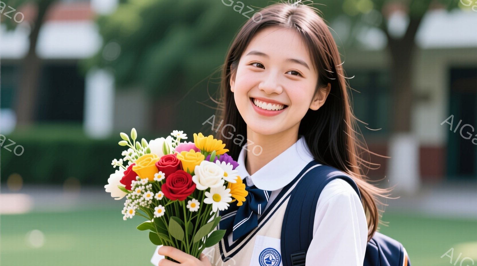 若い女性が、カラフルな花束を抱え、明るい笑顔を向けています。紺色のブレザーと白いシャツ、そしてネクタイを着用し、学生服を着ているようです。背景には緑豊かな木々と建物が見え、晴れた日の穏やかな雰囲気が感じられます。