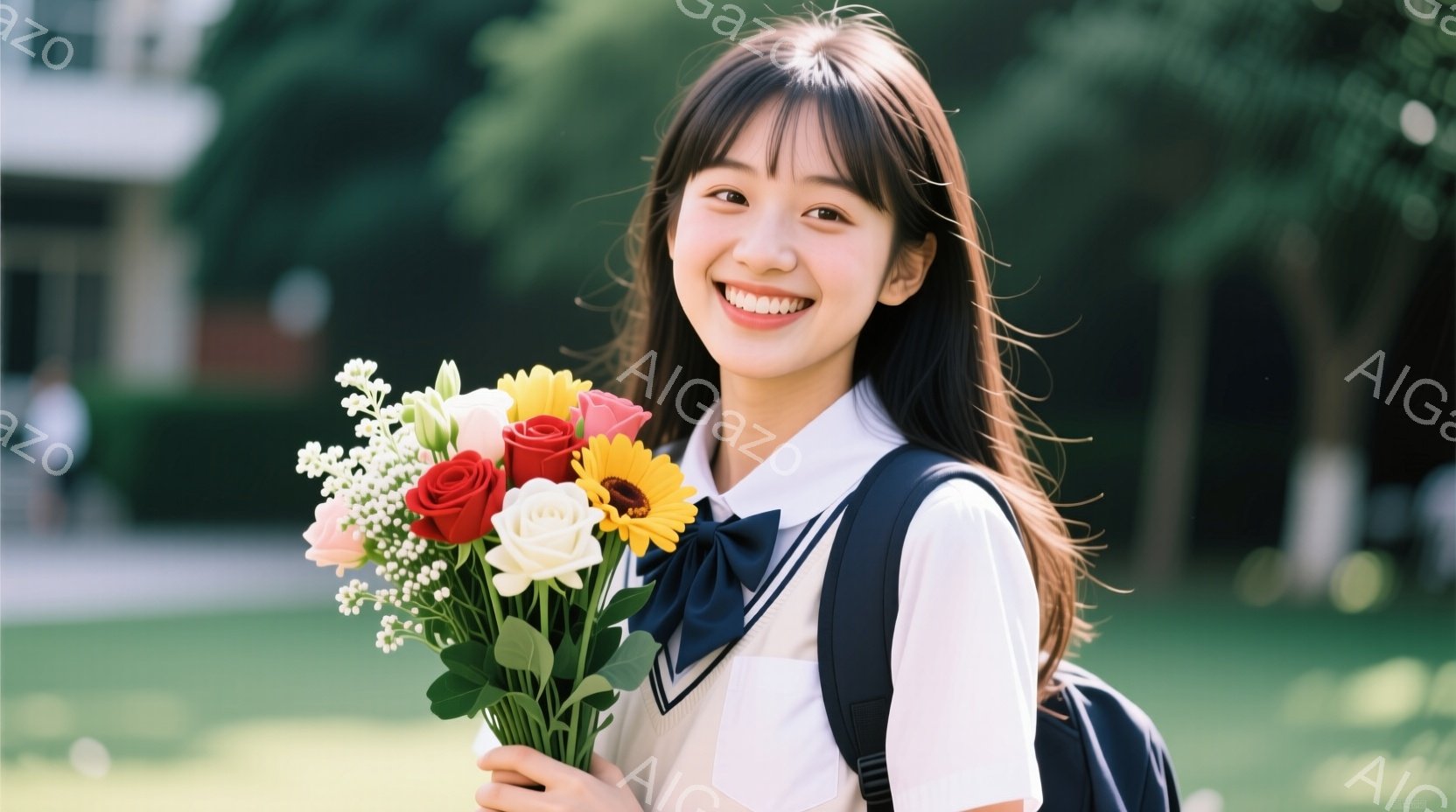 若い女性が、様々な色の花束を抱えて微笑んでいます。彼女は白いシャツに濃い青のリボン、そして黒いバックパックを身につけ、長い髪をサイドに分けています。背景には緑豊かな木々が見え、晴れた日の穏やかな雰囲気 - AI生成フリー素材