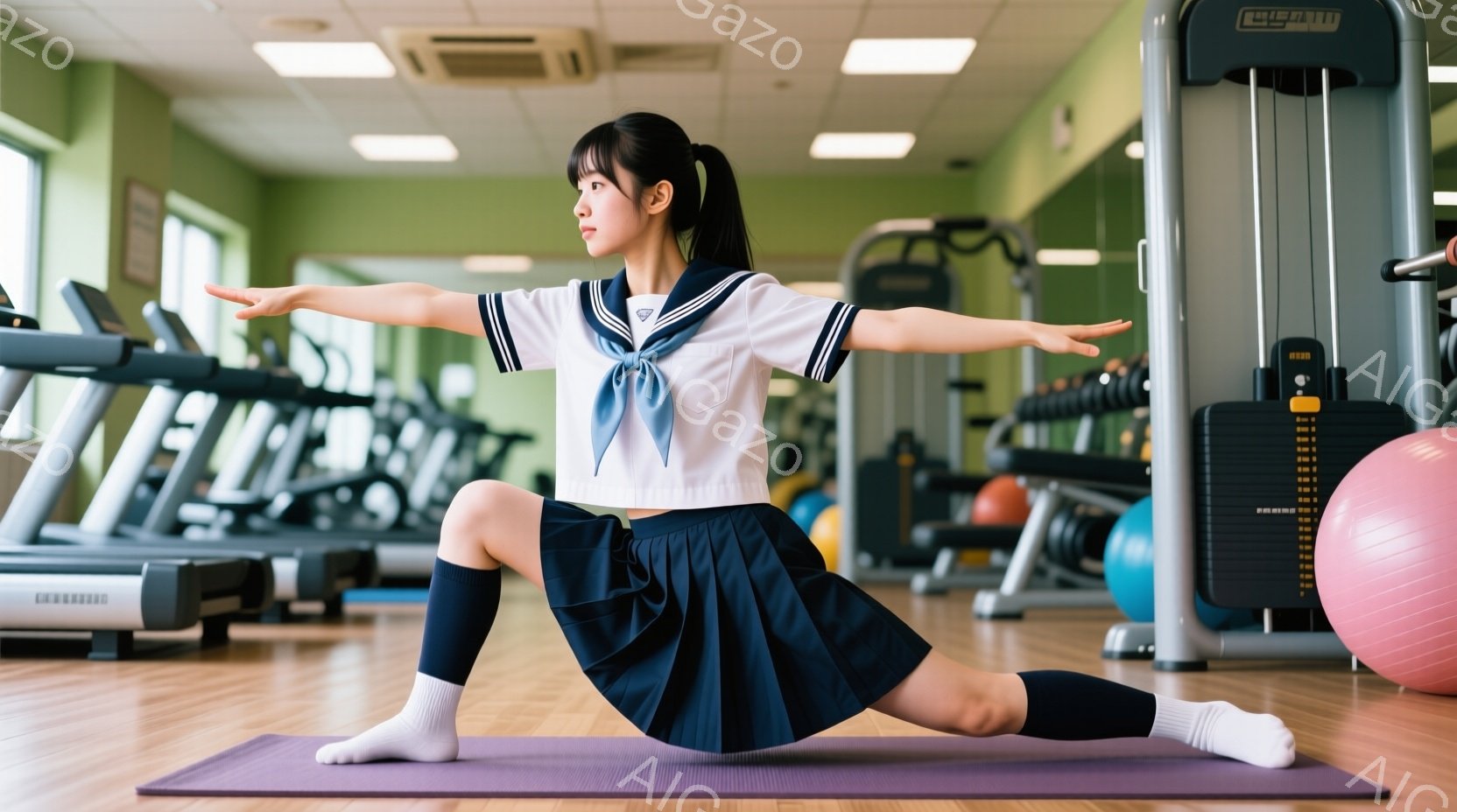 制服姿の若い女性が体操マットの上でストレッチをしている様子が写っています。彼女は白いシャツに紺色のプリーツスカート、ニーハイソックスを着用し、髪はポニーテールに結んでいます。背景には、ランニングマシンやダンベルなどのフィットネス器具が並び、明るく清潔なジムの雰囲気が漂っています。