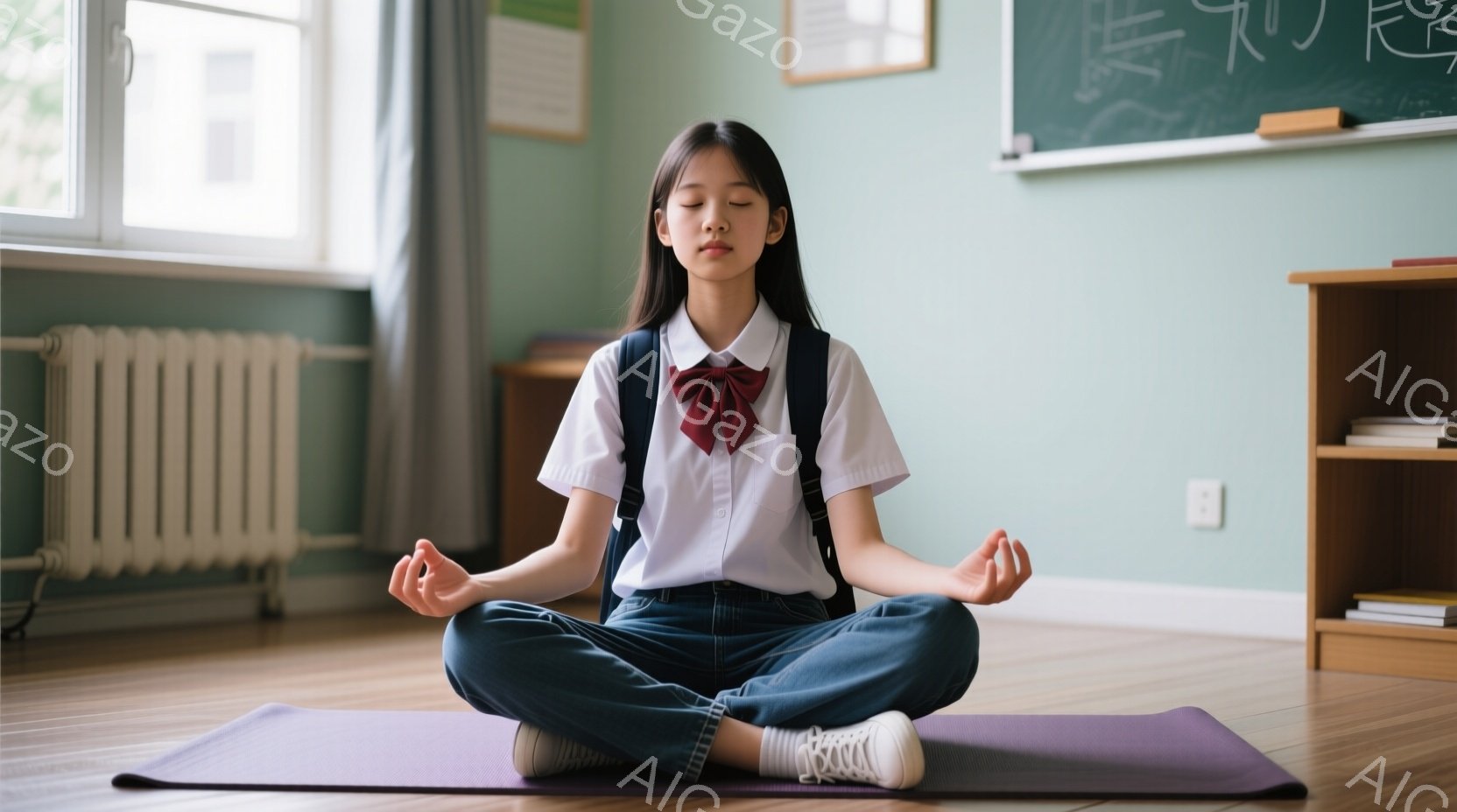 少女は床に座り、足を組んで瞑想しています。紺色のズボンと白いシャツ、赤いリボンとサスペンダーを着用し、白い靴下とスニーカーを履いています。背景には、窓の外の建物、暖房器具、本棚があり、教室のような穏や - AI生成フリー素材