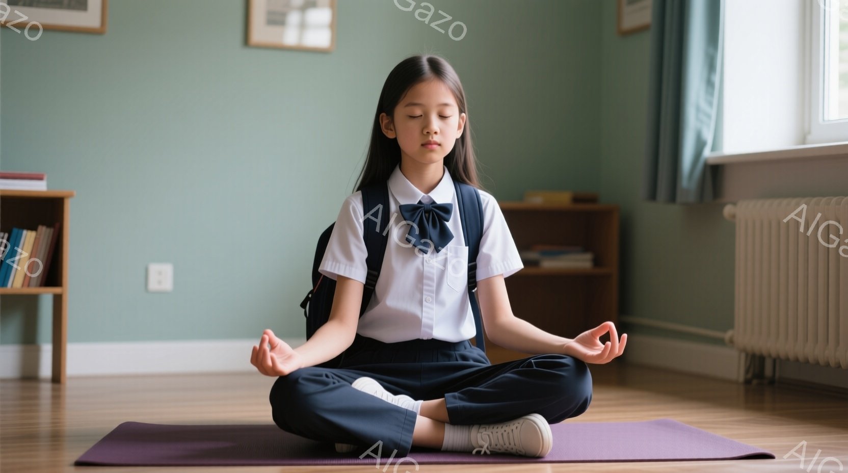 少女は木製の床に紫色のヨガマットの上で座禅を組んでいます。紺色のズボンと白のブラウス、リボンタイを着用し、白い靴下とスニーカーを履いています。背景には白い本棚と暖房器具が見え、部屋全体が落ち着いた雰囲気で、少女は瞑想に集中しているようです。