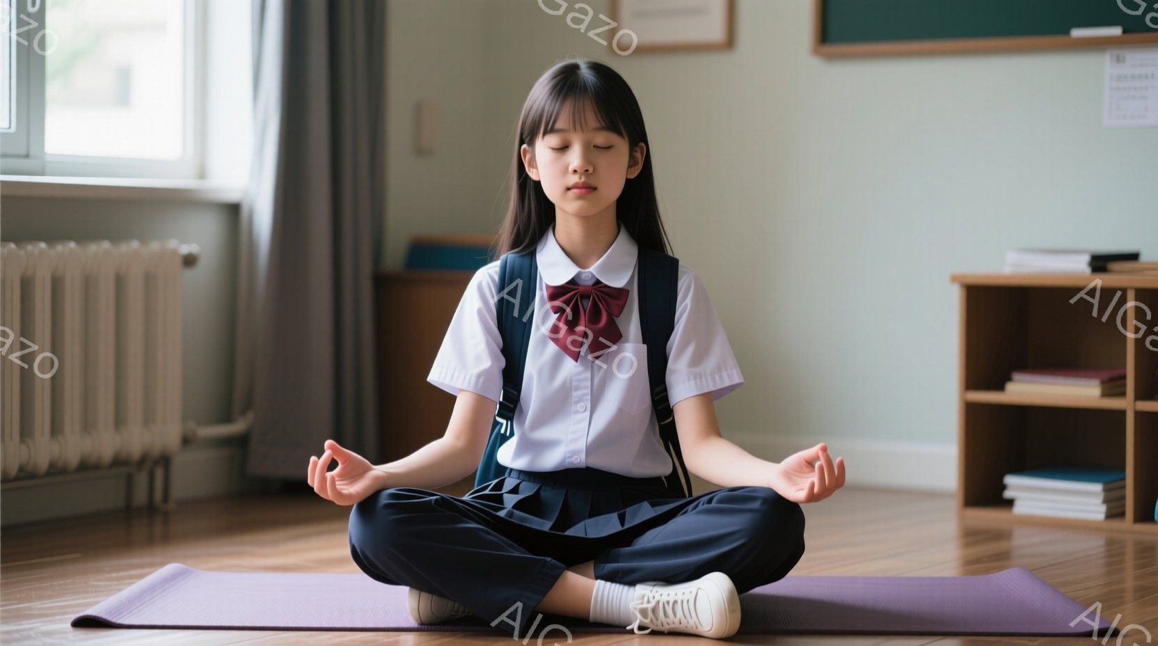 制服を着た少女が、紫色のヨガマットの上で座禅を組んでいます。彼女は白いシャツに濃い青色のスカート、そして赤いリボンを付けており、姿勢はリラックスして集中しているように見えます。背景には木製の床、窓、そして本棚があり、静かで穏やかな教室の雰囲気です。