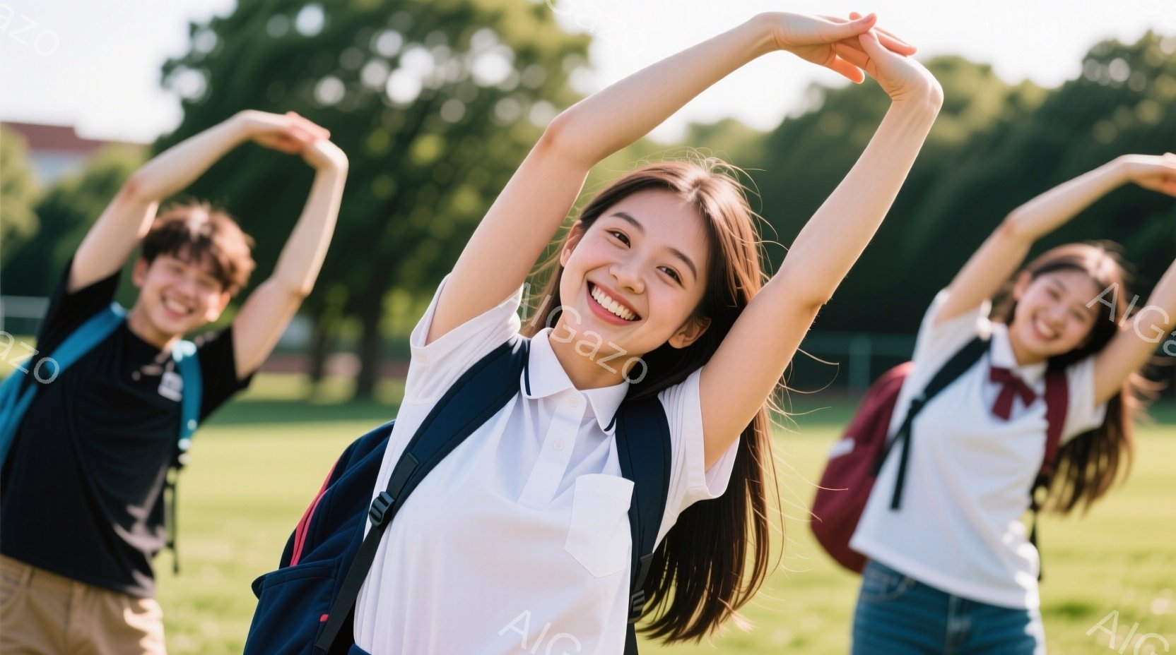 三人の若い女性と男性が緑の芝生の上でストレッチをしている。女性たちは白いブラウスまたはTシャツにジーンズまたはスカートを着用し、それぞれリュックサックを背負っている。背景には木々が生い茂り、晴天の下、 - AI生成フリー素材