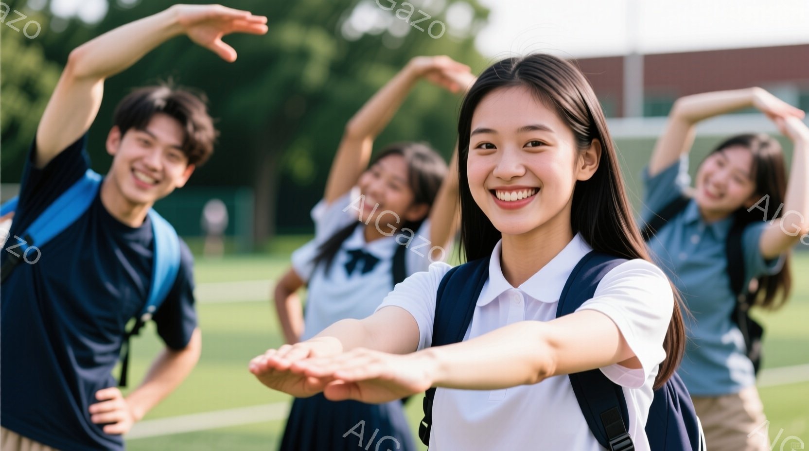 笑顔の若い男女が、青々とした芝生の上でストレッチをしている様子が写っている。紺色の制服またはスポーツウェア姿で、それぞれ片手を上げ、体を伸ばしている。背景には緑豊かな木々が見え、晴天の下、活気に満ちた - AI生成フリー素材